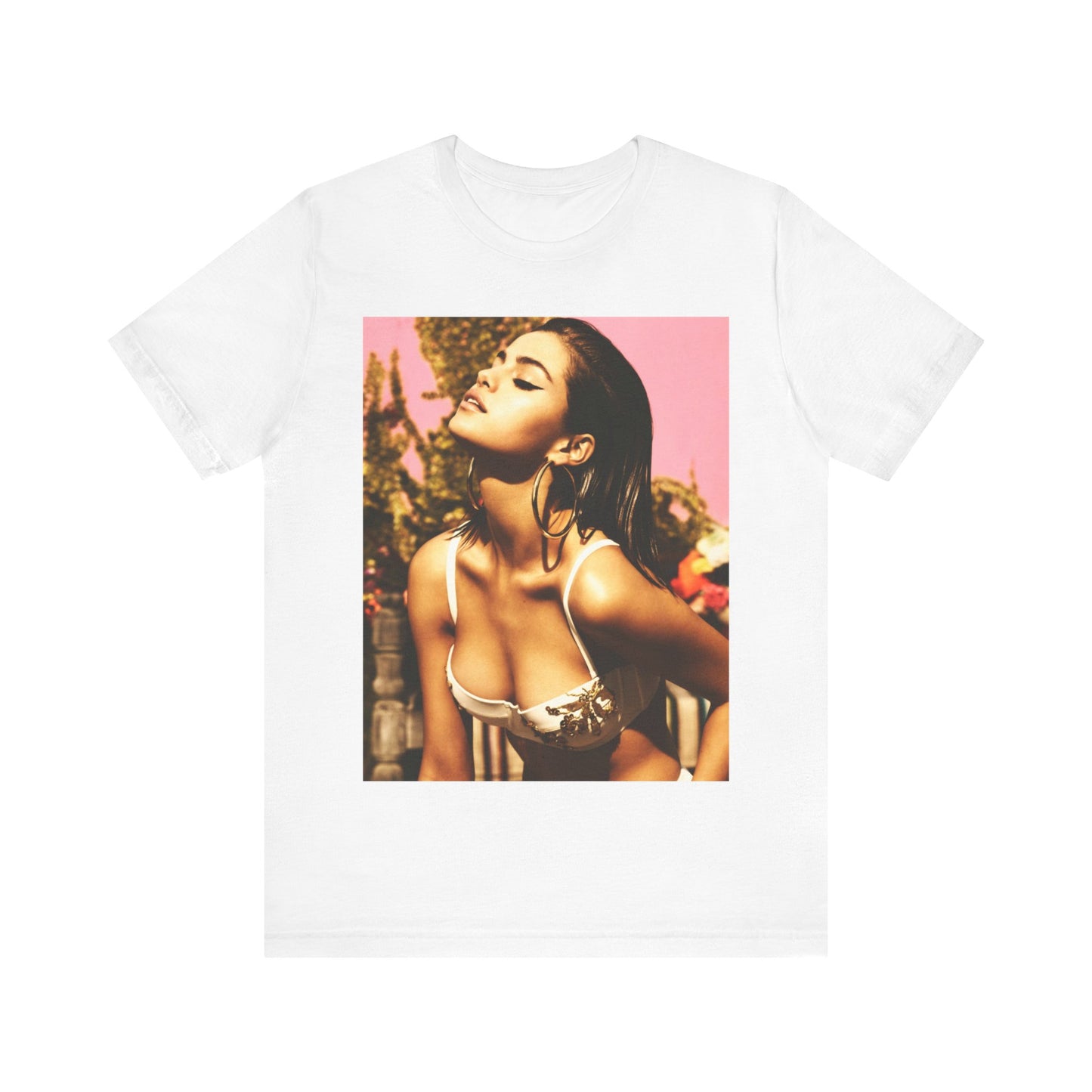 A black graphic t-shirt featuring a graphic of Selena Gomez emphasizing her timeless beauty.