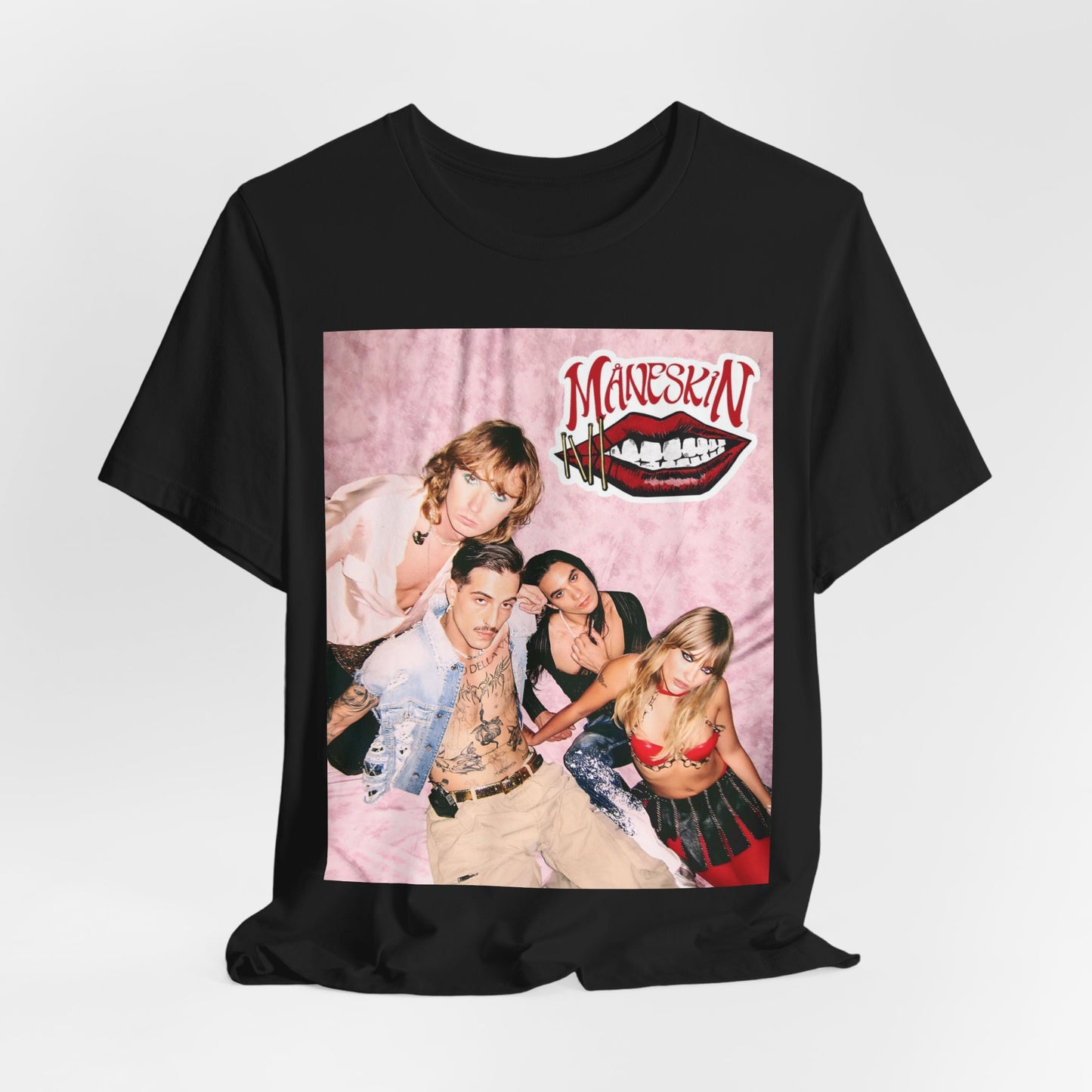 A black graphic t-shirt featuring a graphic related to Maneskin's 'I Wanna Be Your Slave' song or era.
