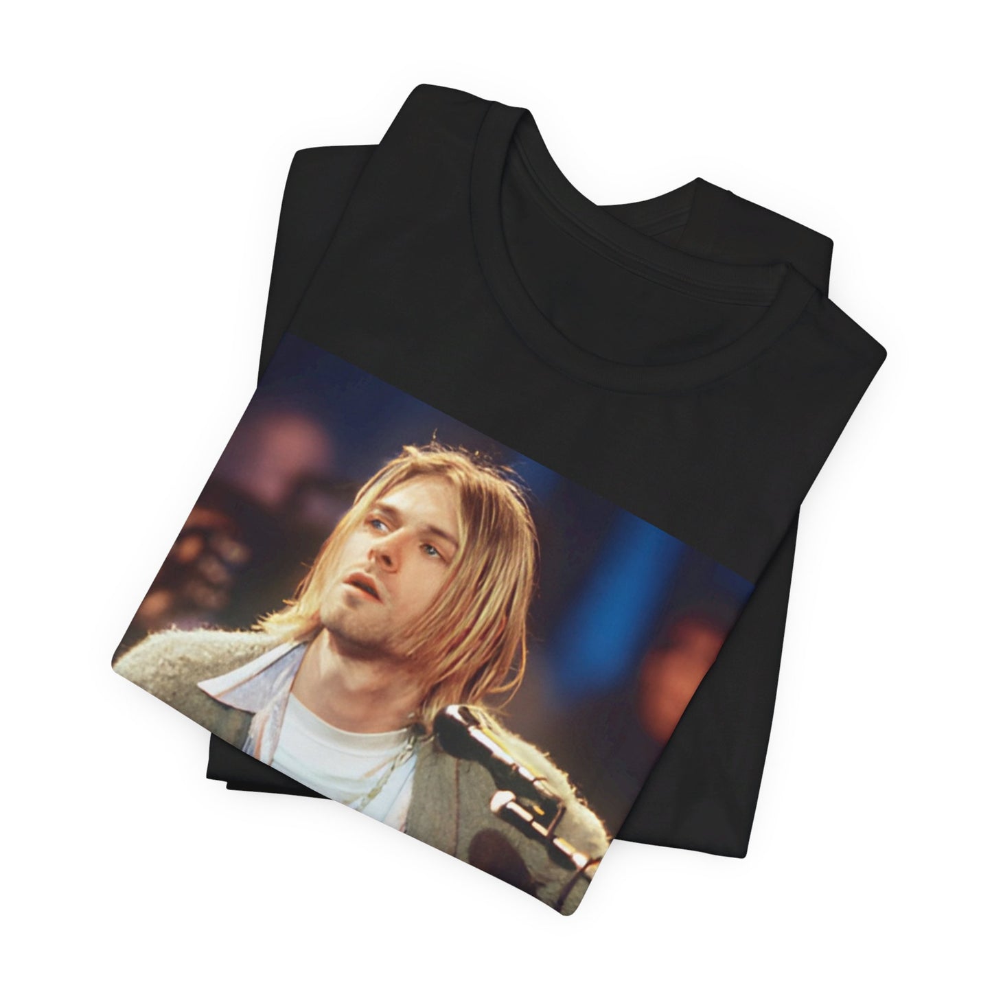 A black graphic t-shirt featuring a graphic related to Nirvana's 1994 Unplugged performance.