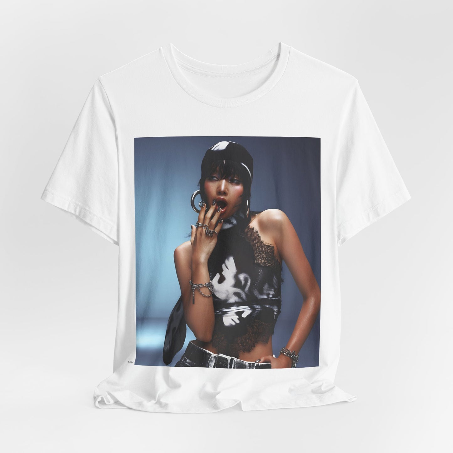 A black graphic t-shirt featuring a vintage K-Pop dance queen graphic of Lisa.