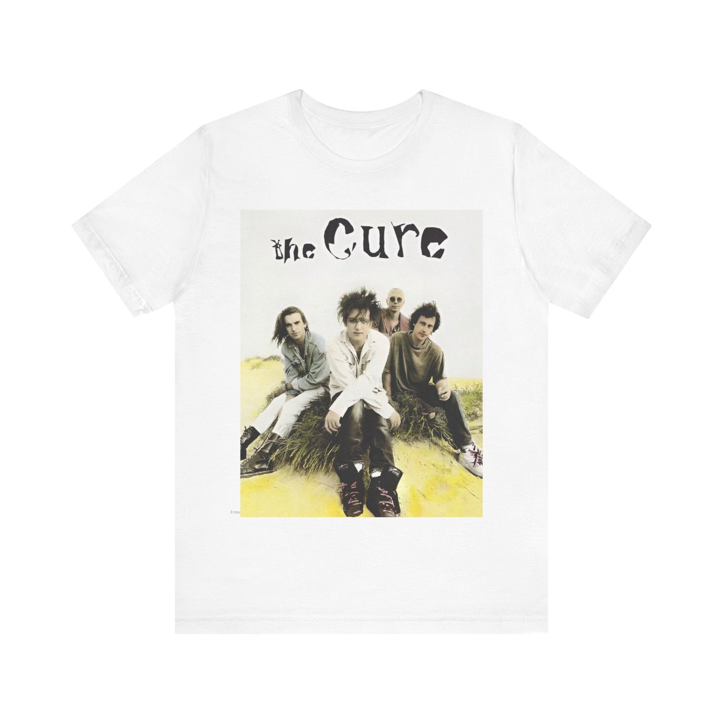 A black graphic t-shirt featuring a graphic of The Cure as post-punk pioneers.