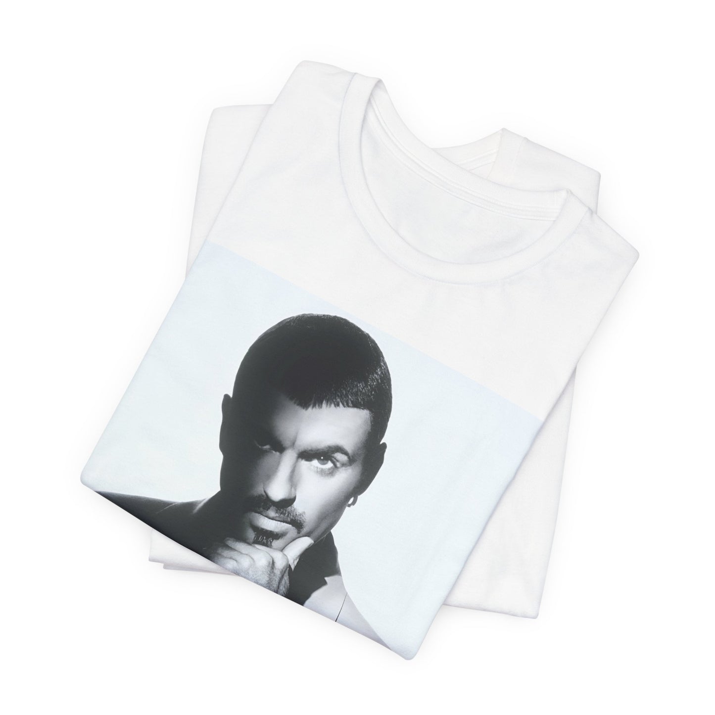 A black graphic t-shirt featuring a 90s aesthetic graphic of George Michael.