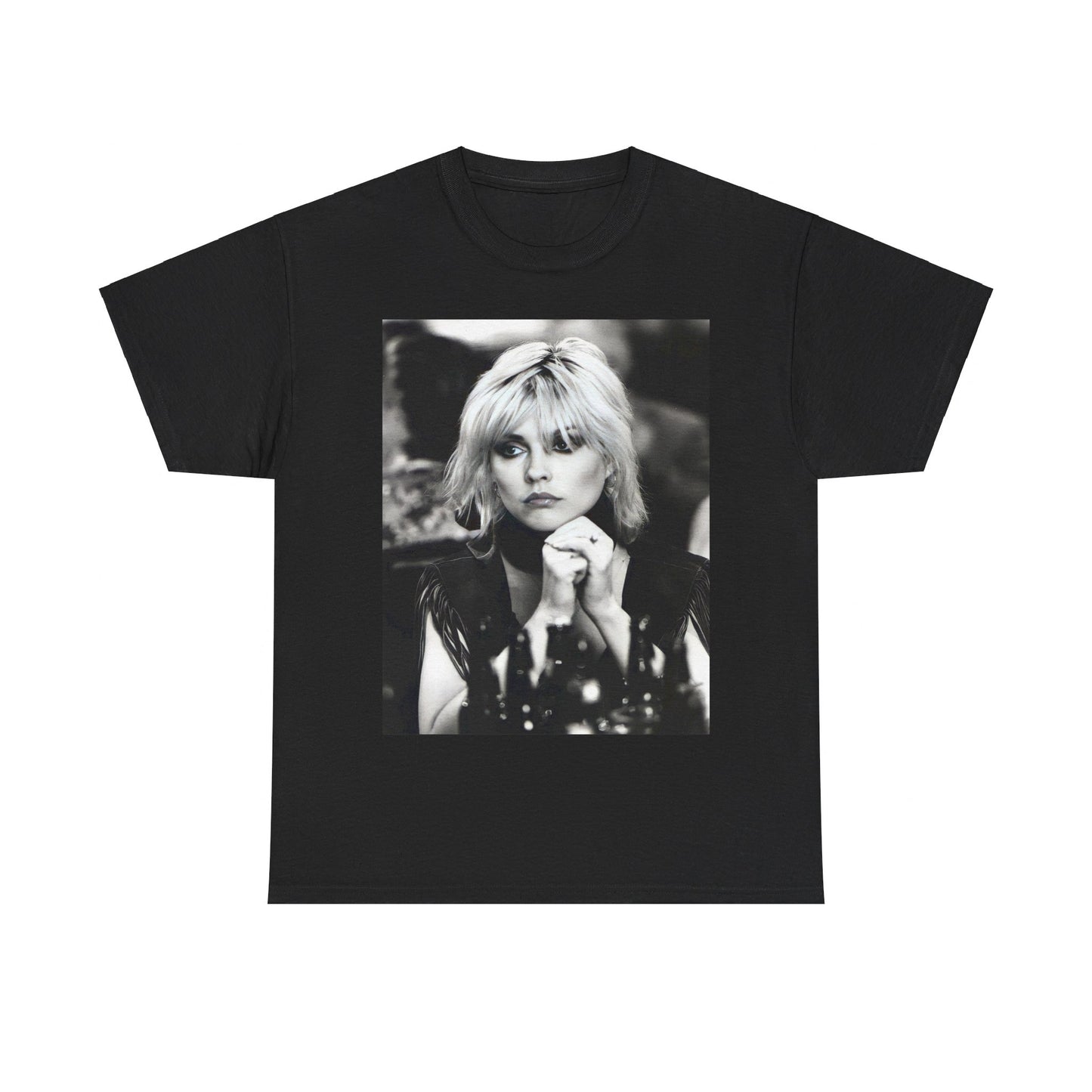 A black graphic t-shirt featuring an iconic black and white graphic or photo of Blondie.