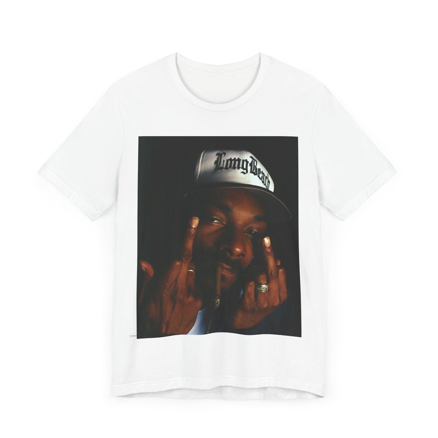 A black graphic t-shirt featuring a graphic of Snoop Dogg giving the middle finger.