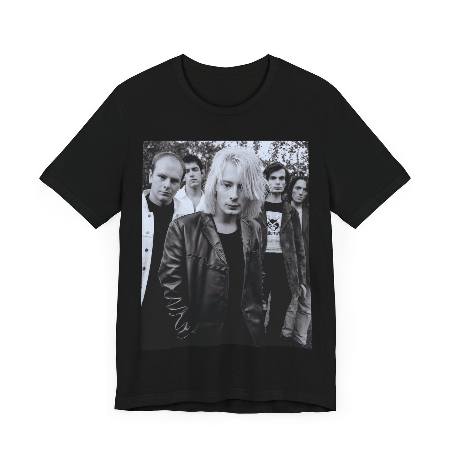 A black graphic t-shirt featuring a cool experimental rock graphic of Radiohead.