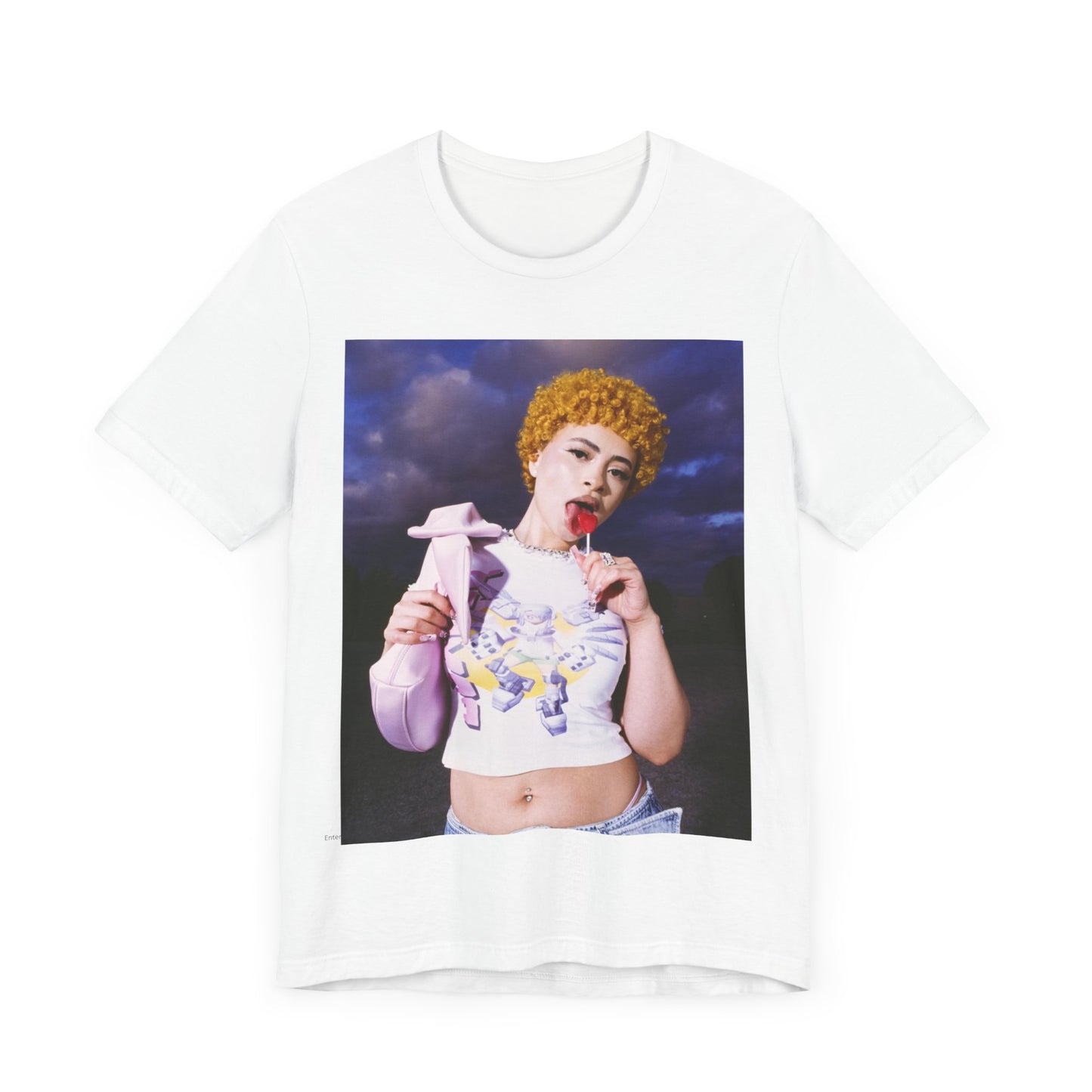 A black graphic t-shirt featuring a boxy rap graphic of Ice Spice with Bronx style elements.