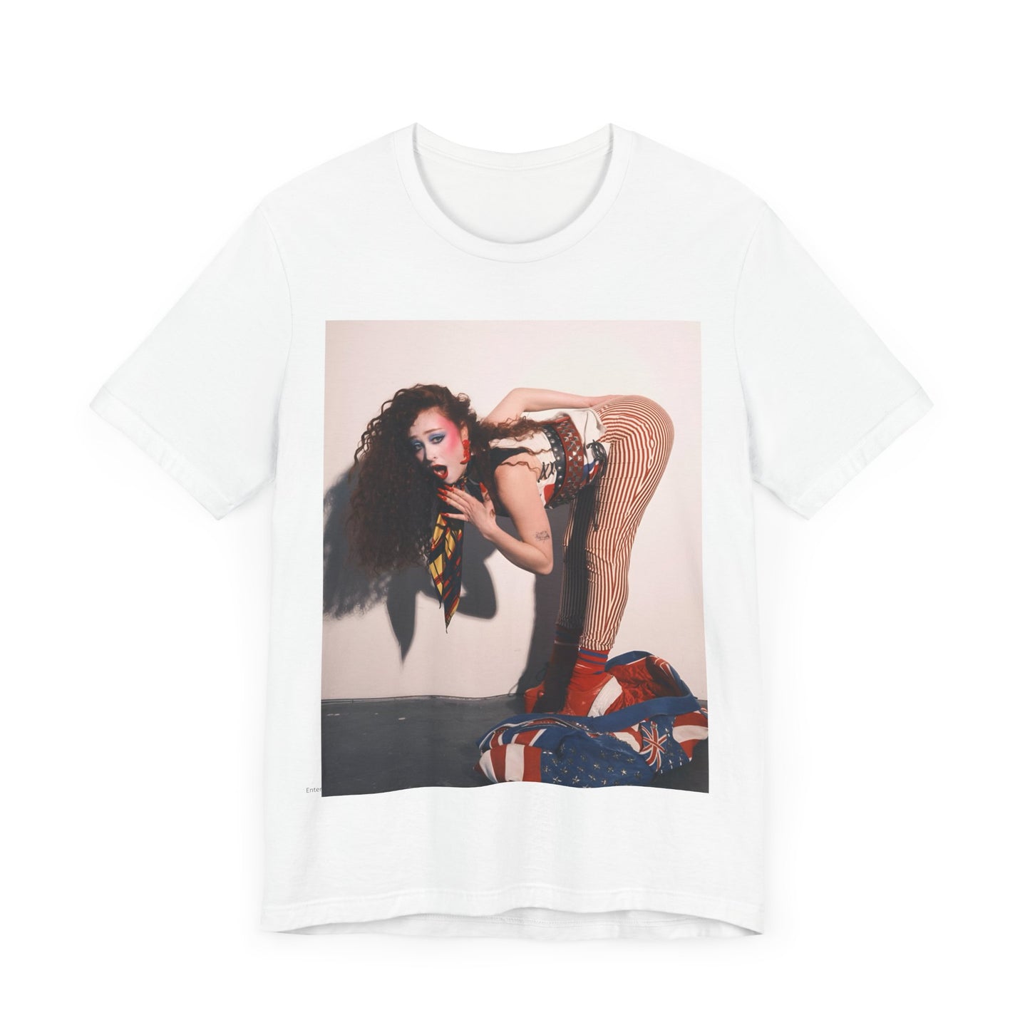 A black graphic t-shirt featuring a graphic of Chappell Roan with a 'Hot to Go!' theme, emphasizing her drag icon persona.