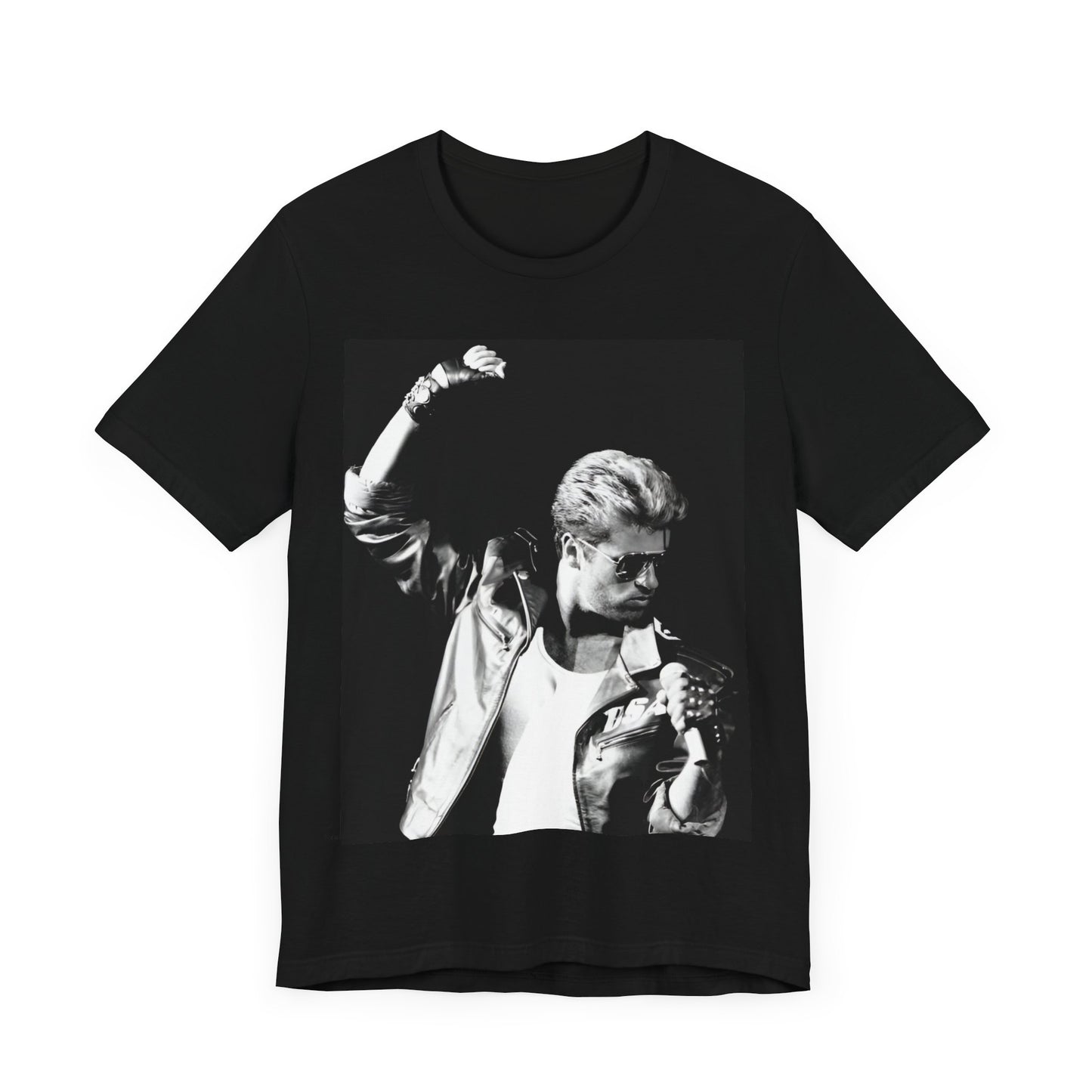 A black graphic t-shirt featuring a black and white photo of George Michael from his 'Faith' album era.