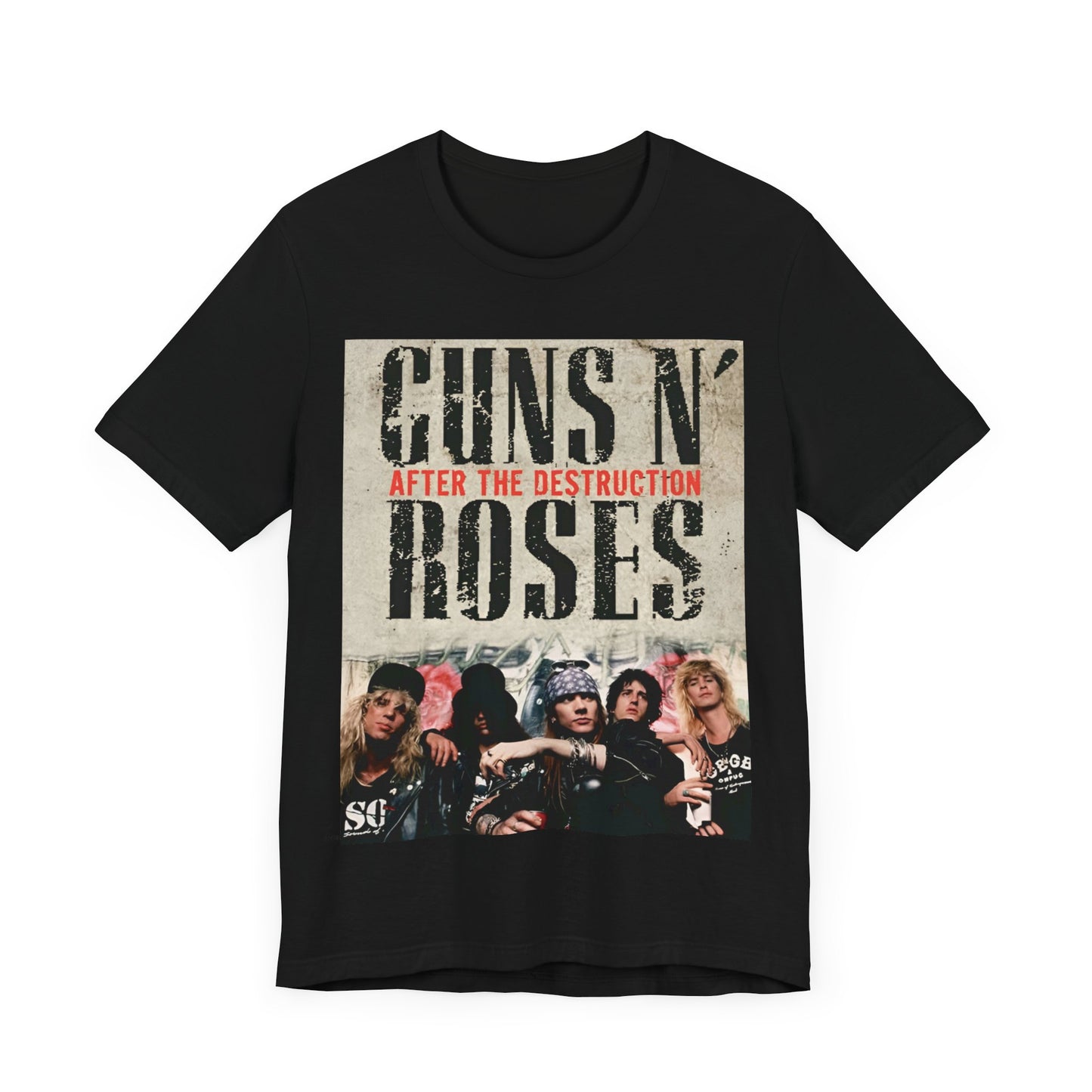 A black graphic t-shirt featuring a graphic related to Guns N' Roses, with a theme of 'after the destruction'.