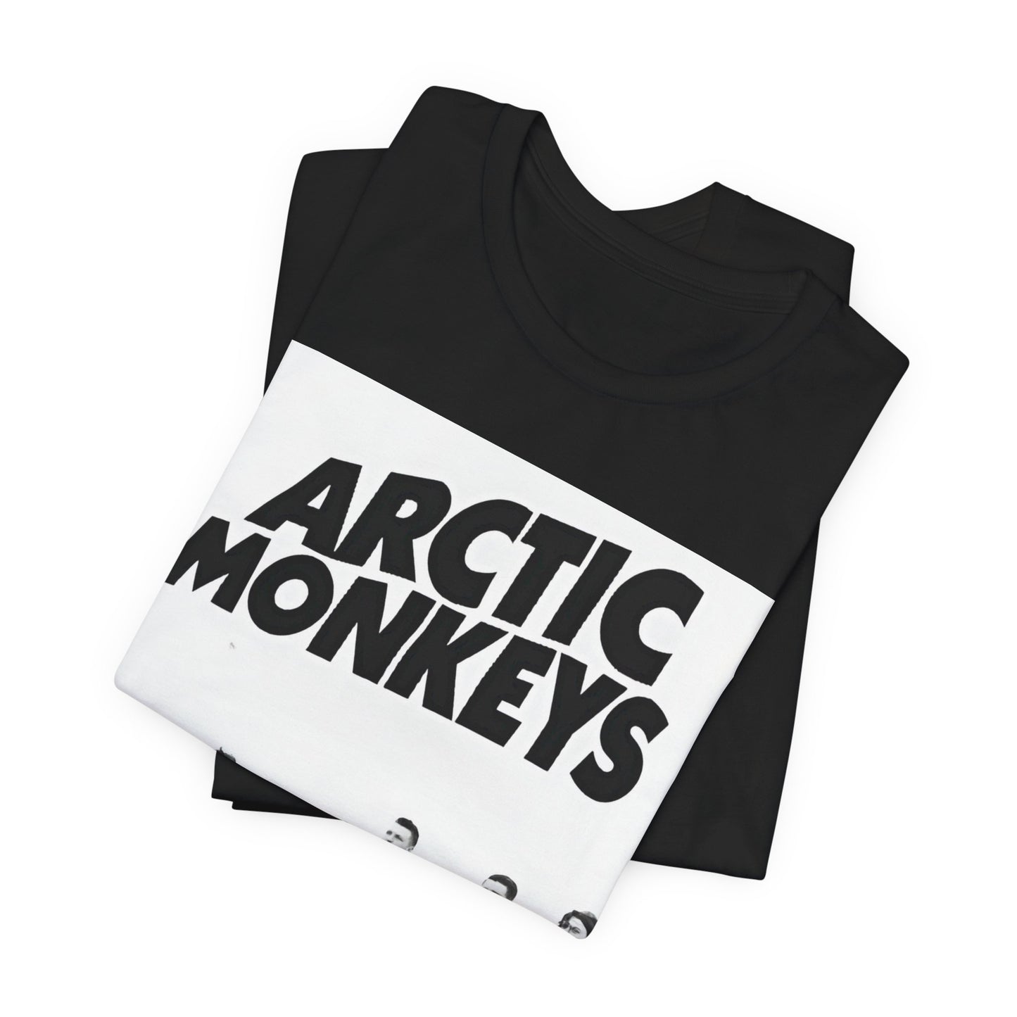 A black graphic t-shirt featuring the Arctic Monkeys logo in black and white.