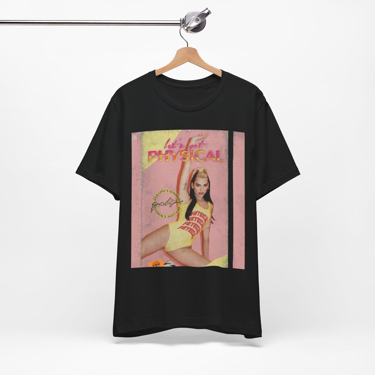 A black graphic t-shirt featuring a vintage graphic inspired by Dua Lipa's "Physical" song.