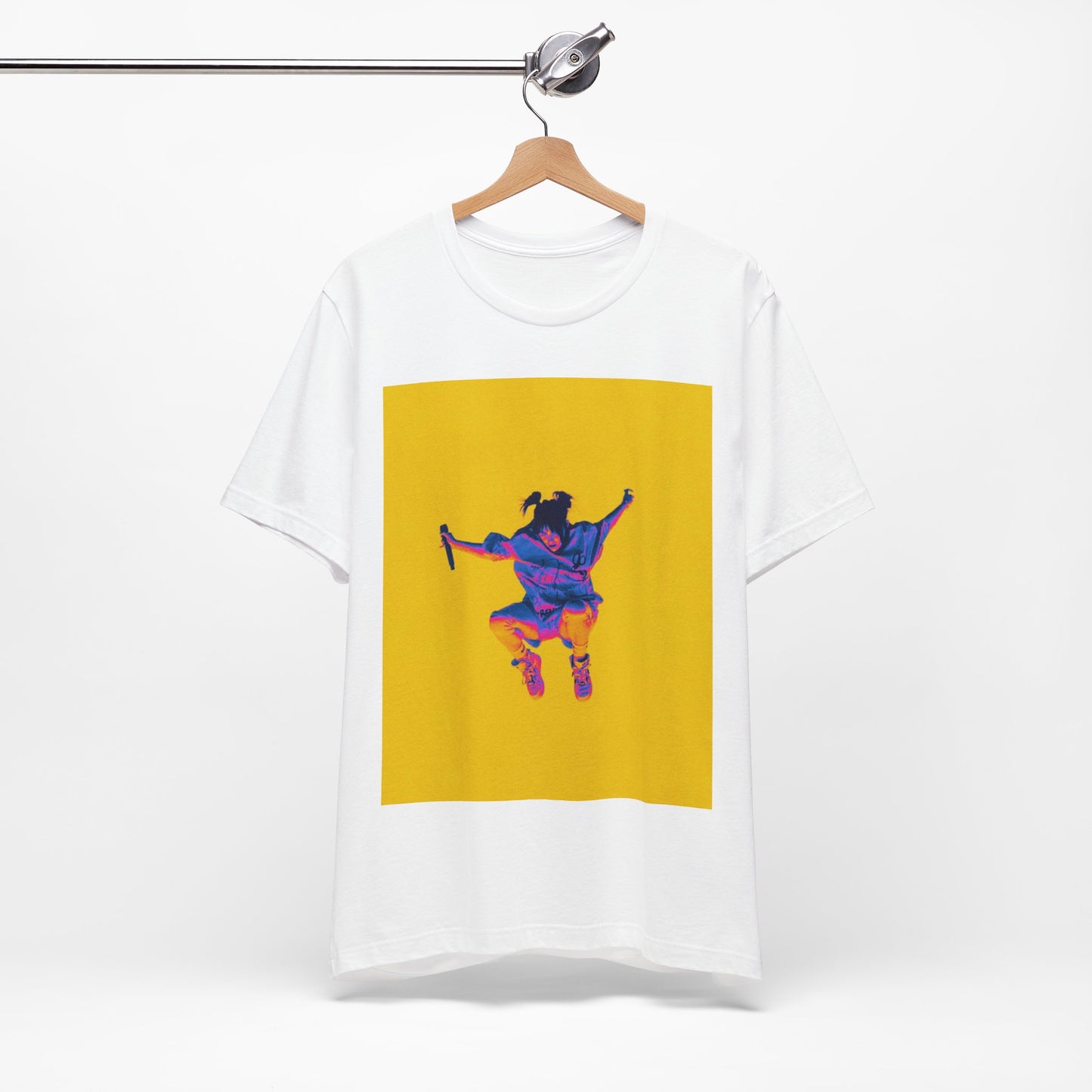 A stylized graphic of Billie Eilish jumping in the air with a microphone, rendered with psychedelic thermal colors against a solid yellow background.