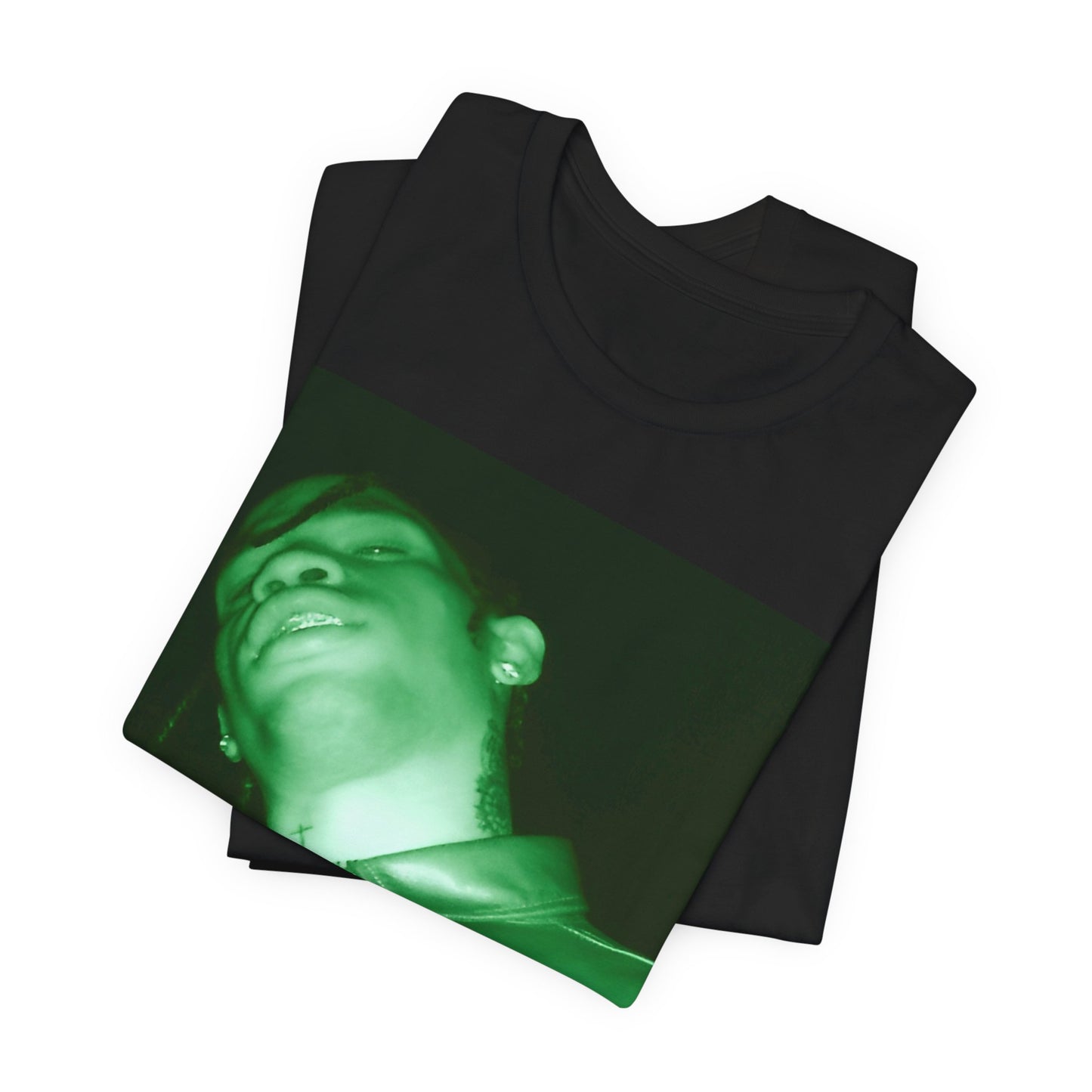 A black graphic t-shirt featuring a graphic of Travis Scott with psychedelic trap vibes.