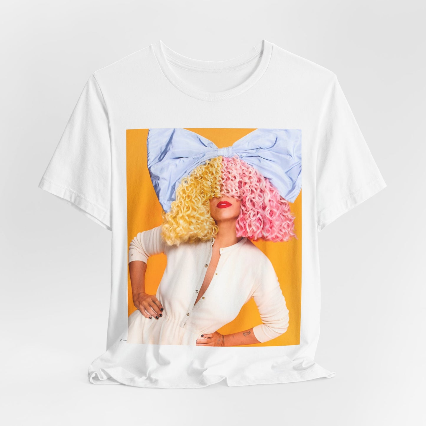 A black graphic t-shirt featuring a chill indie pop graphic of Sia.