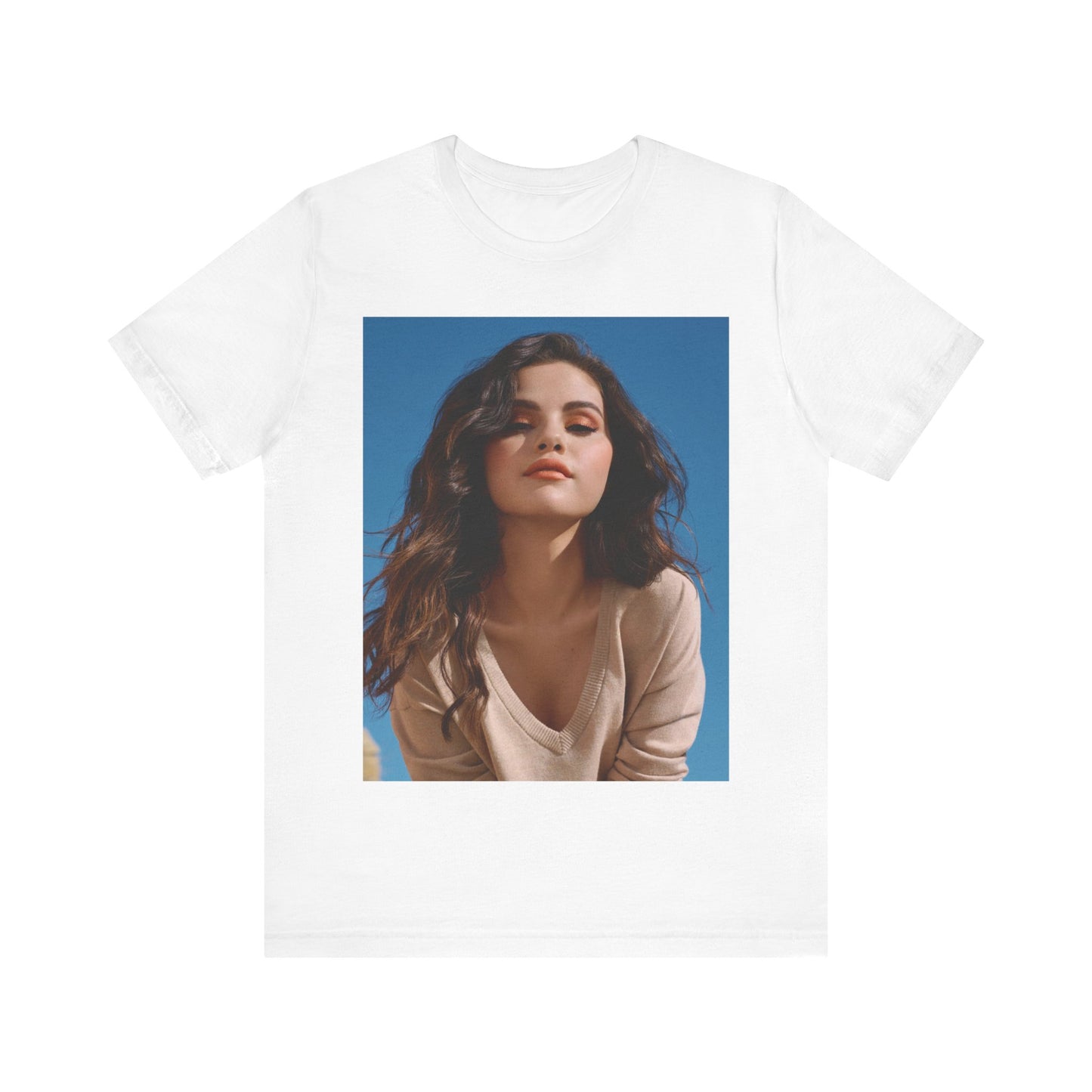 A black graphic t-shirt featuring a vintage pop icon graphic of Selena Gomez.