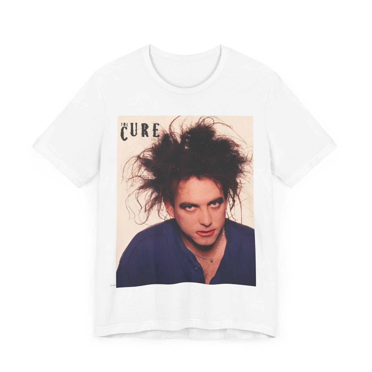 A black graphic t-shirt featuring a photo portrait of Robert Smith from The Cure.