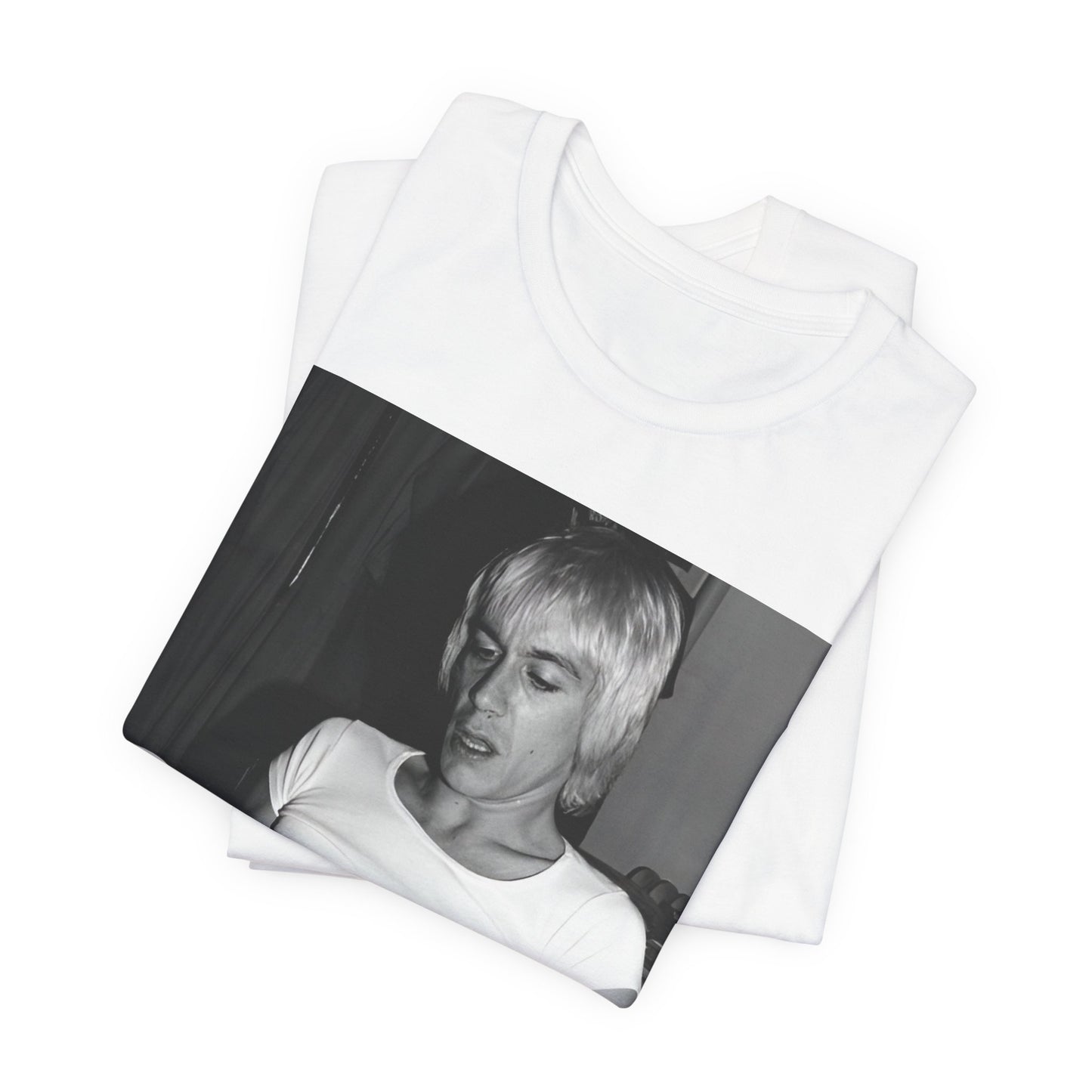 A black graphic t-shirt featuring a 70s classic photo of Iggy Pop and The Stooges.