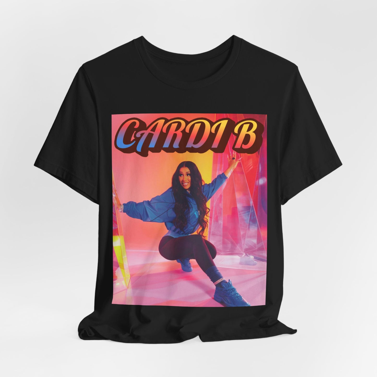 A black graphic t-shirt featuring a graphic of Cardi B, designed with a rap aesthetic.