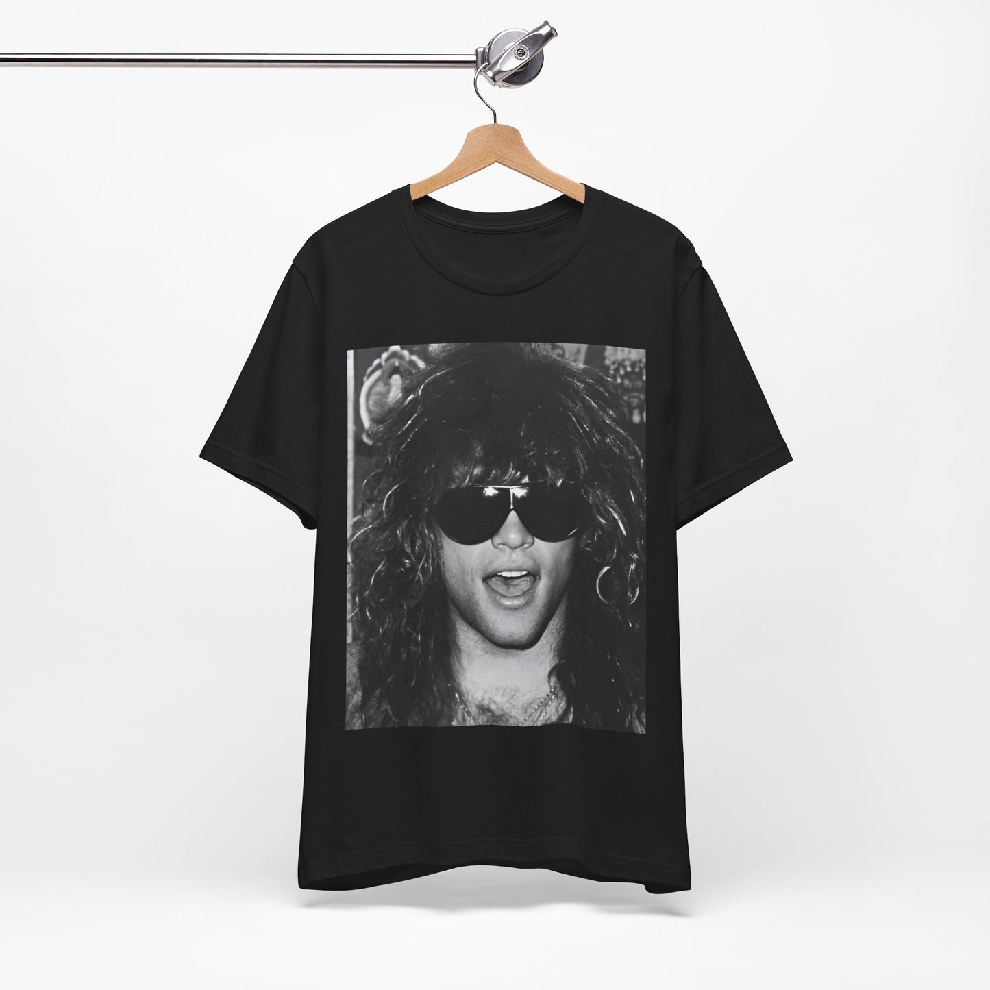 A black graphic t-shirt featuring a graphic or photo of Bon Jovi in a backstage setting.