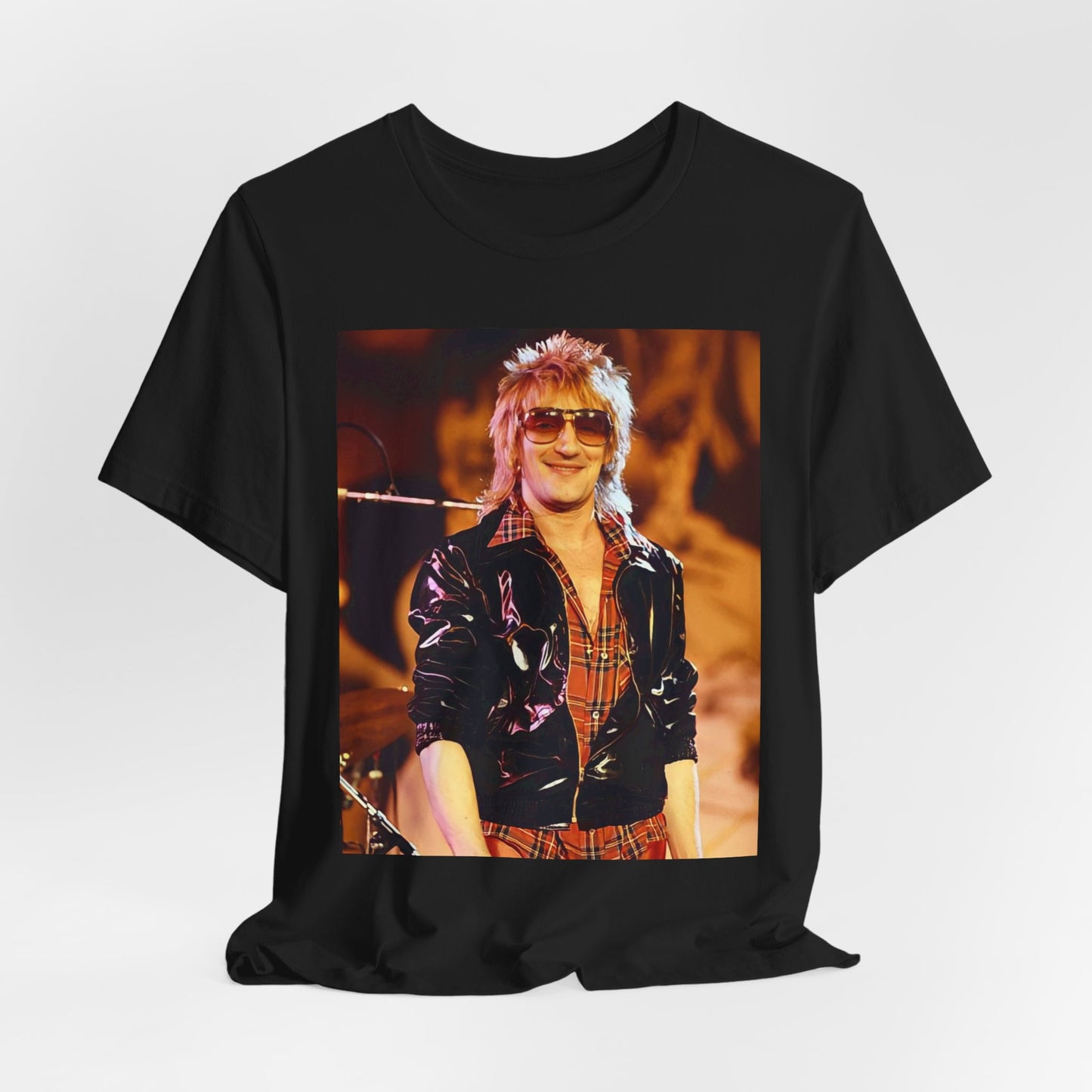 A black graphic t-shirt featuring a graphic related to Rod Stewart's 'Gasoline Alley' album era.