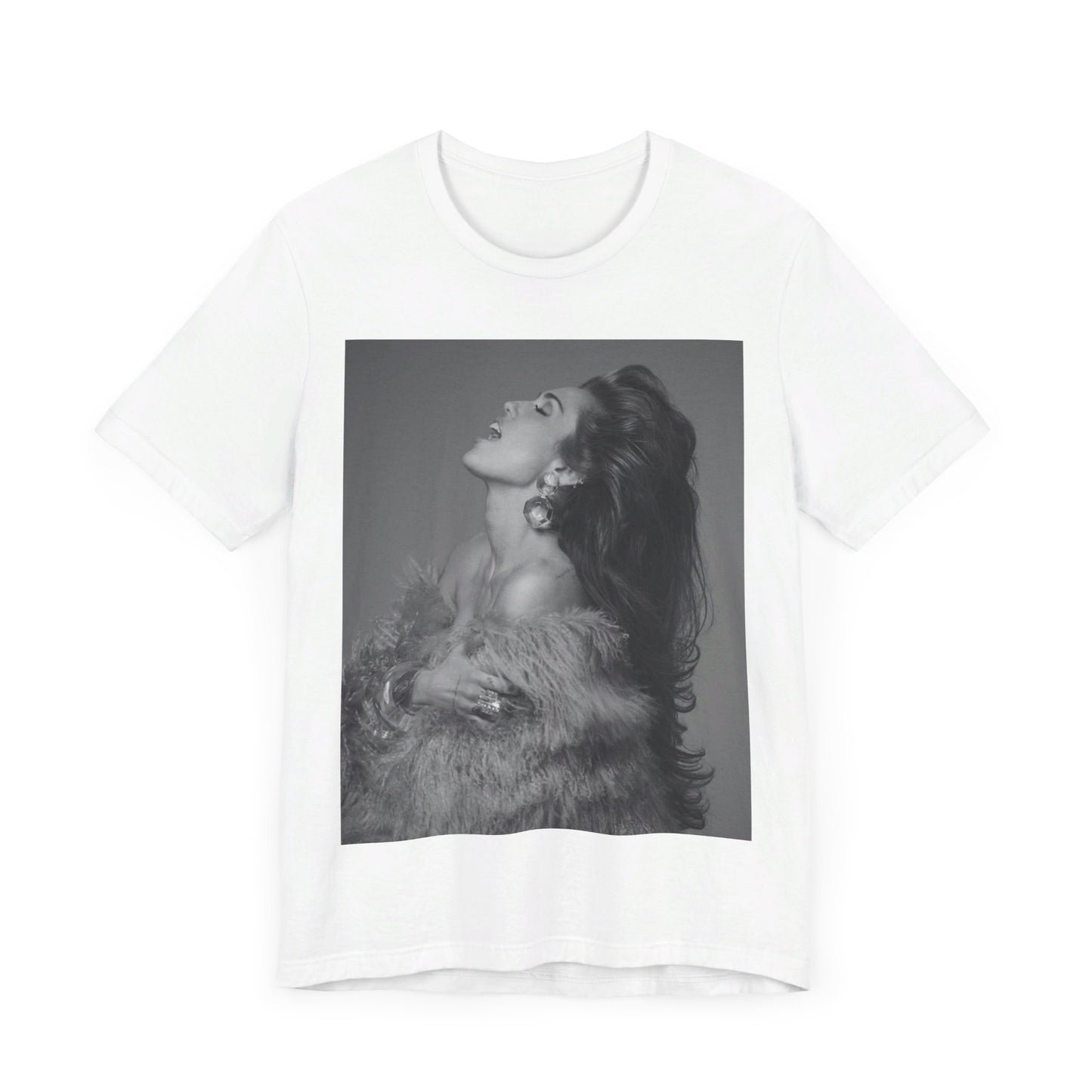 A black graphic t-shirt featuring a black and white portrait photo of Miley Cyrus.
