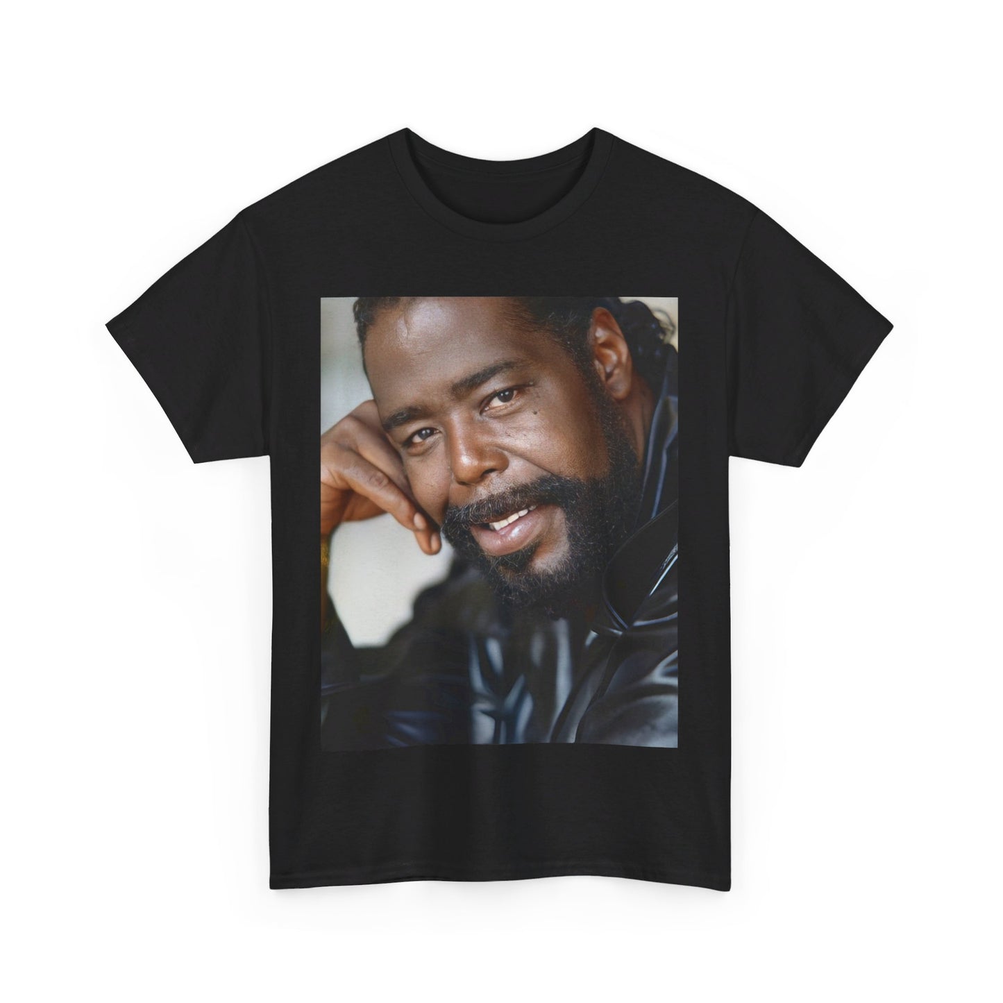 A black graphic t-shirt featuring a 70s-style pop art portrait graphic of Barry White.