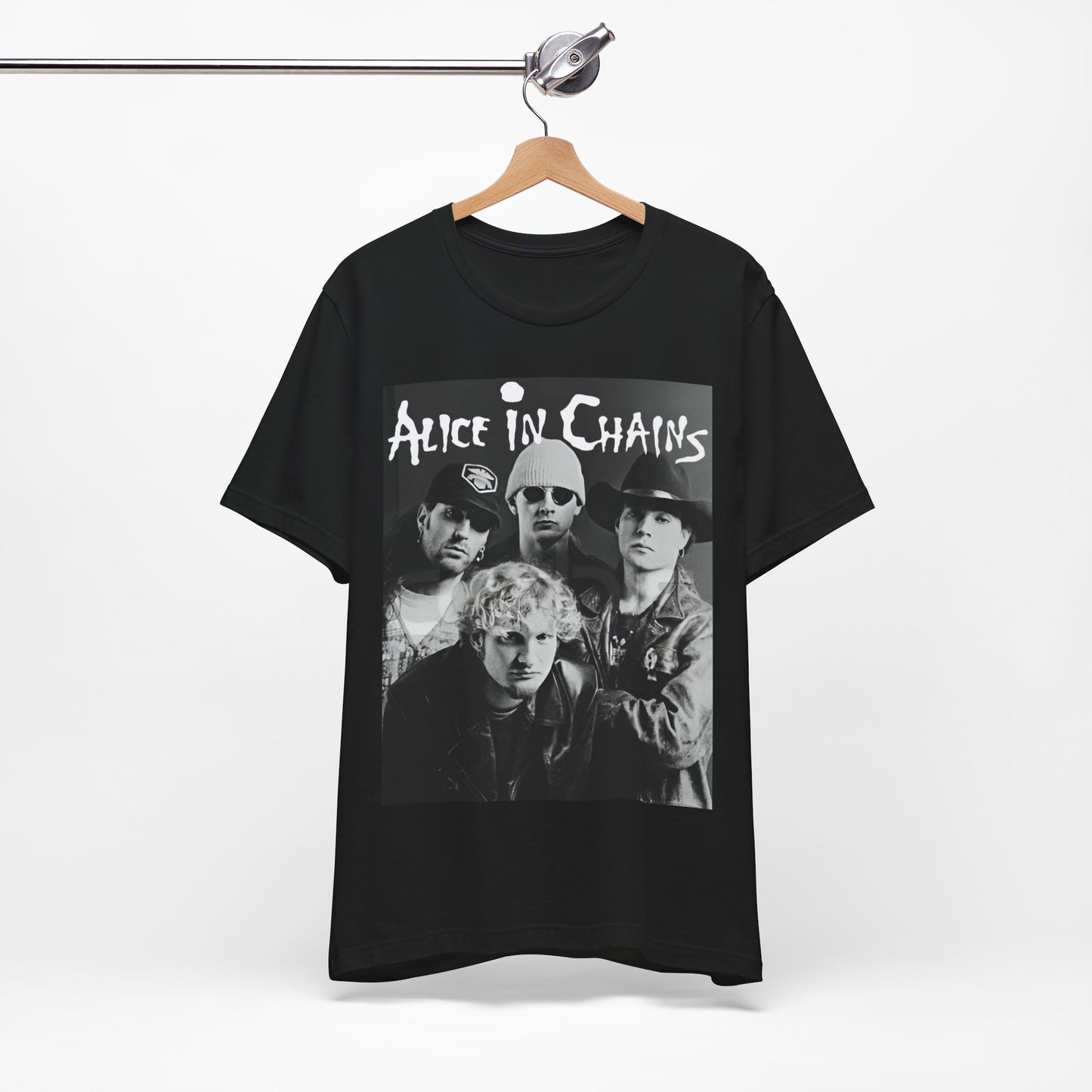 A black graphic t-shirt featuring a black and white photographic portrait of the band Alice In Chains, capturing their iconic grunge look.