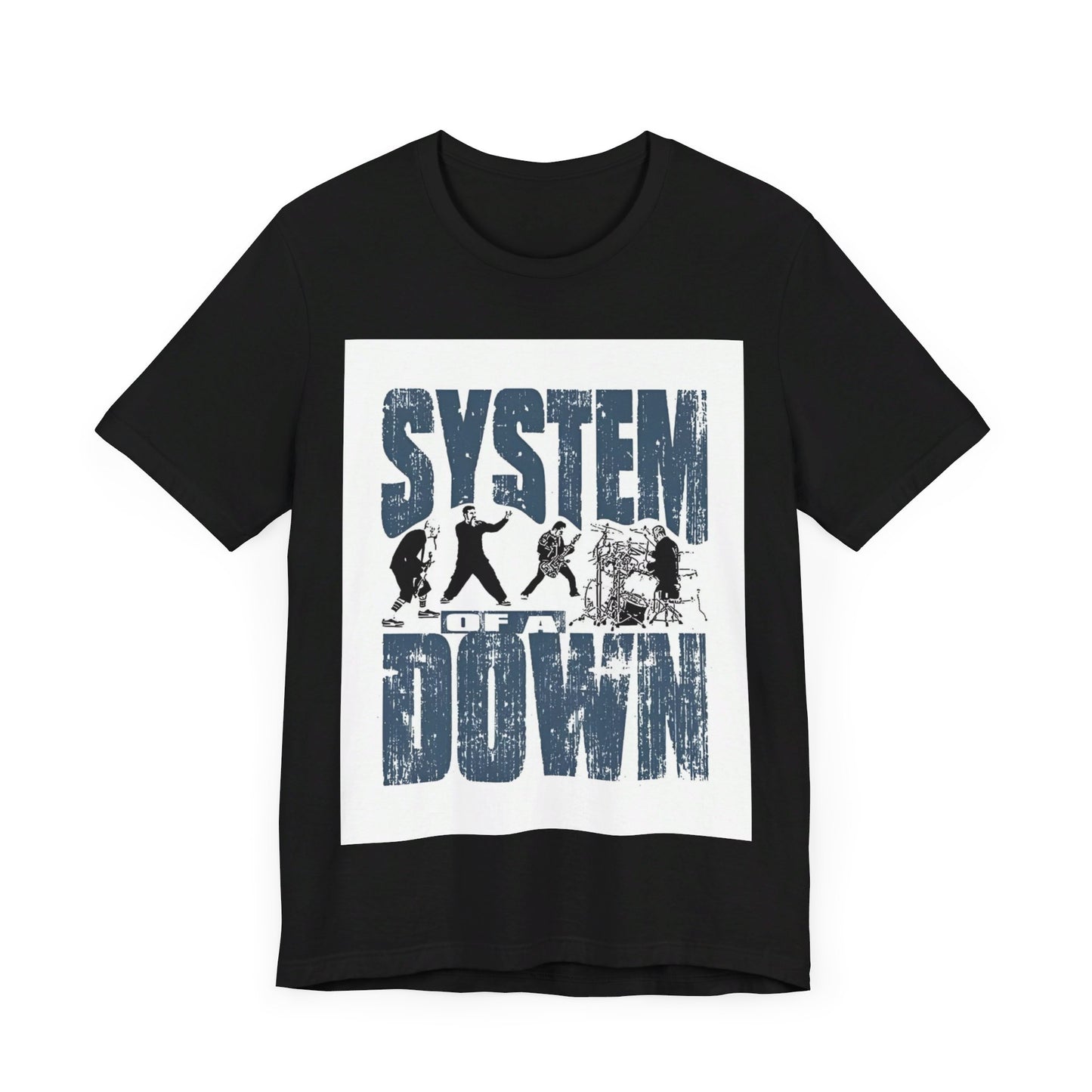 A black graphic t-shirt featuring a graphic of System of a Down as nu-metal pioneers.