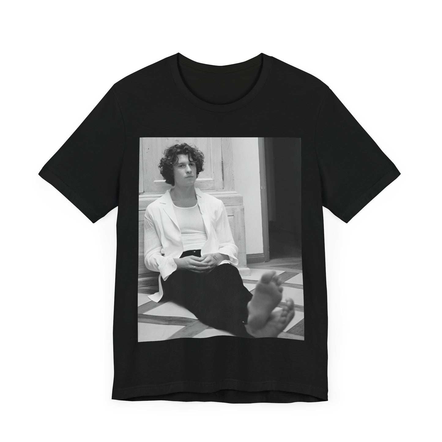 A black graphic t-shirt featuring a vintage casual style graphic of Shawn Mendes.