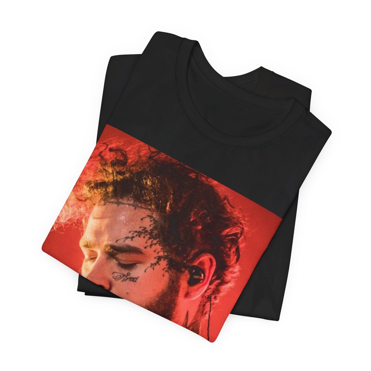 A black graphic t-shirt featuring a graphic of Post Malone in a tattoo art style.