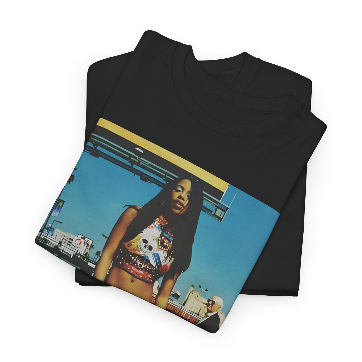 A black graphic t-shirt featuring a casual R&B fan graphic of Aaliyah.