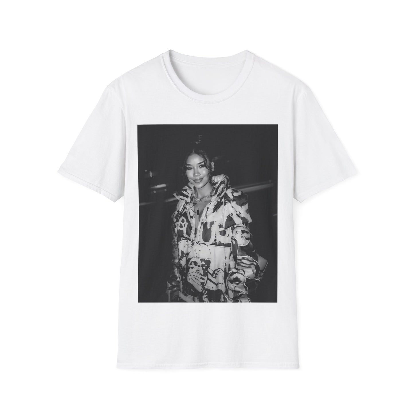 A black graphic t-shirt featuring a classic black and white photo portrait of Jhene Aiko.