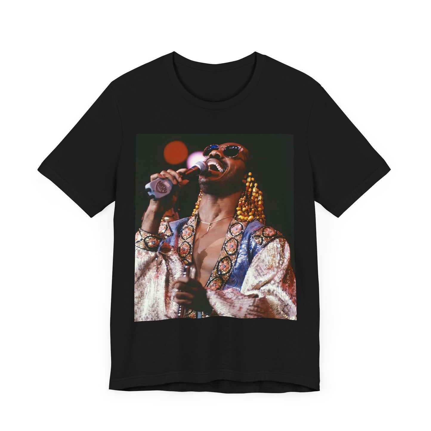 A black graphic t-shirt featuring a 70s vintage soul icon graphic of Stevie Wonder.