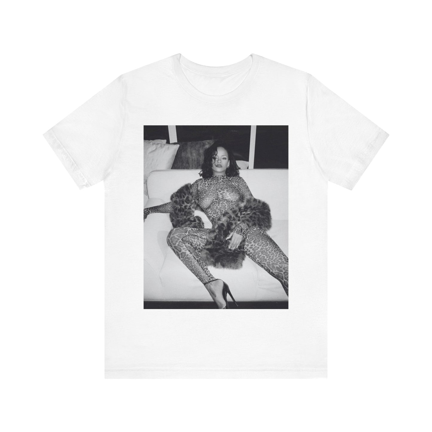 A black graphic t-shirt featuring a black and white, monochrome graphic or photo of Rihanna in a sexy pose.