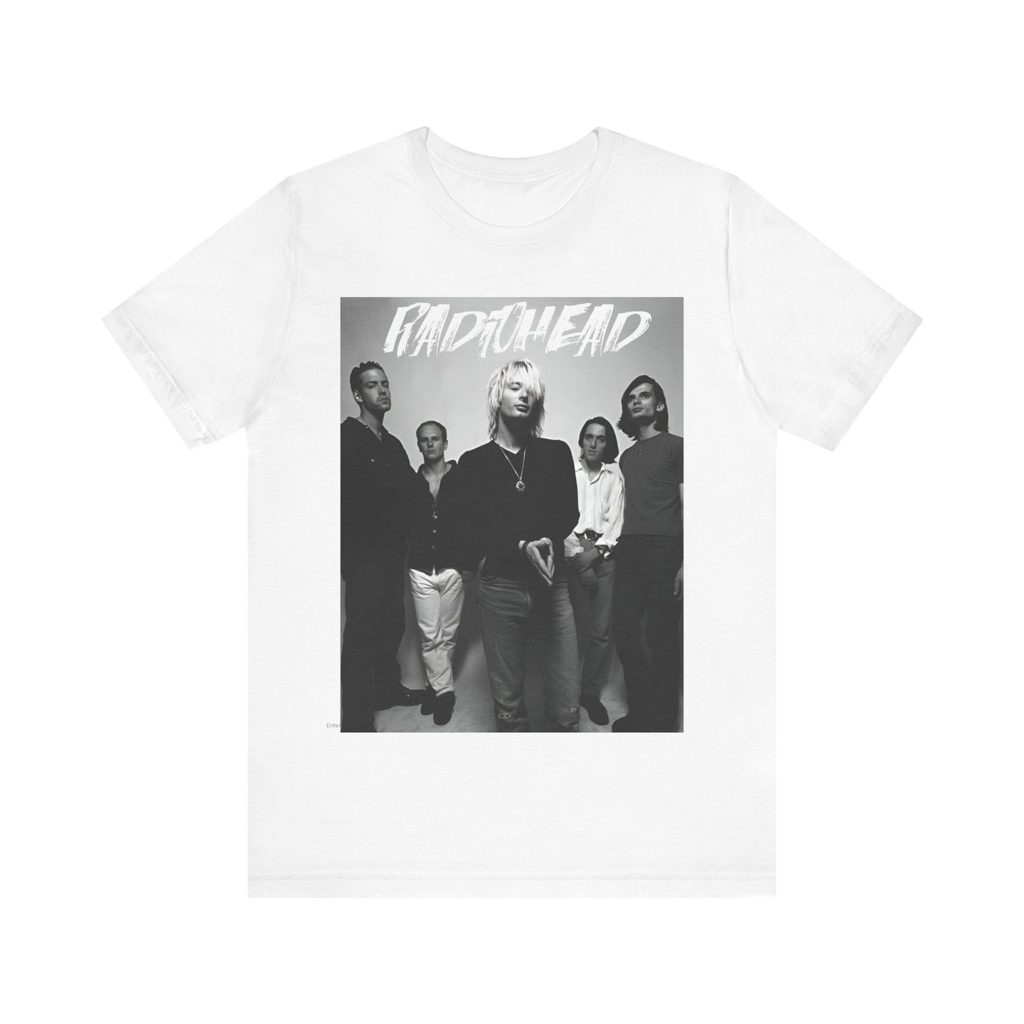 A black graphic t-shirt featuring a retro graphic related to Radiohead's 'OK Computer' album era.