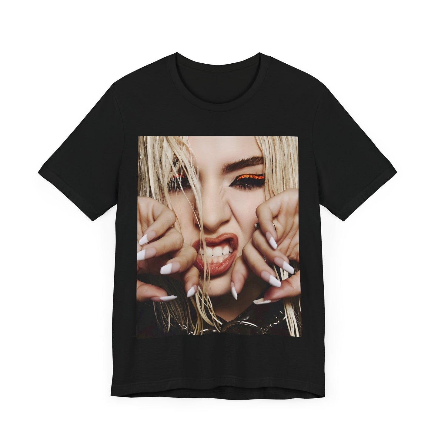 A black graphic t-shirt featuring a graphic of Ava Max with a pop punk aesthetic, possibly with bold lines, vibrant colors, or edgy elements.