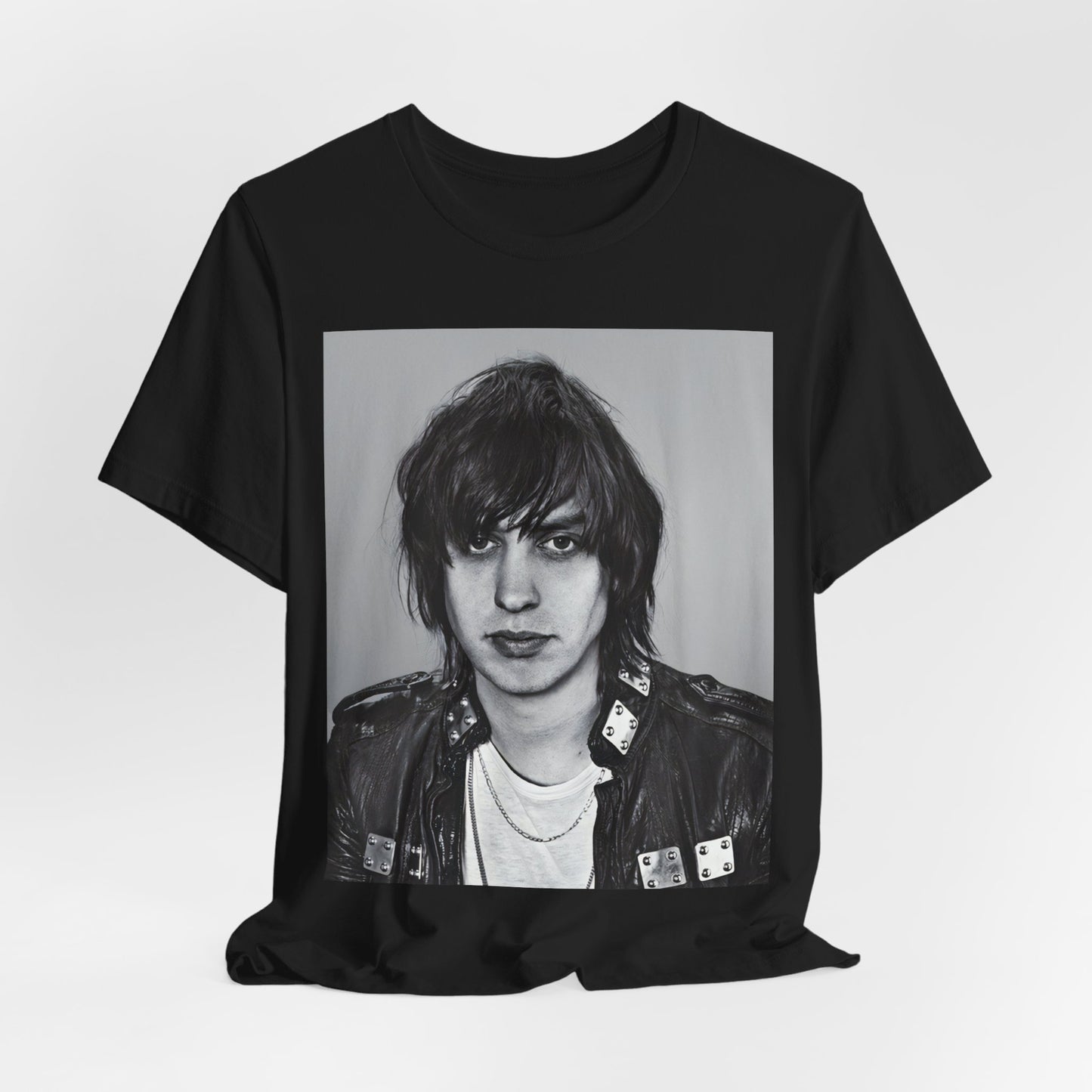 A black graphic t-shirt featuring a portrait photo of Julian Casablancas from The Strokes.