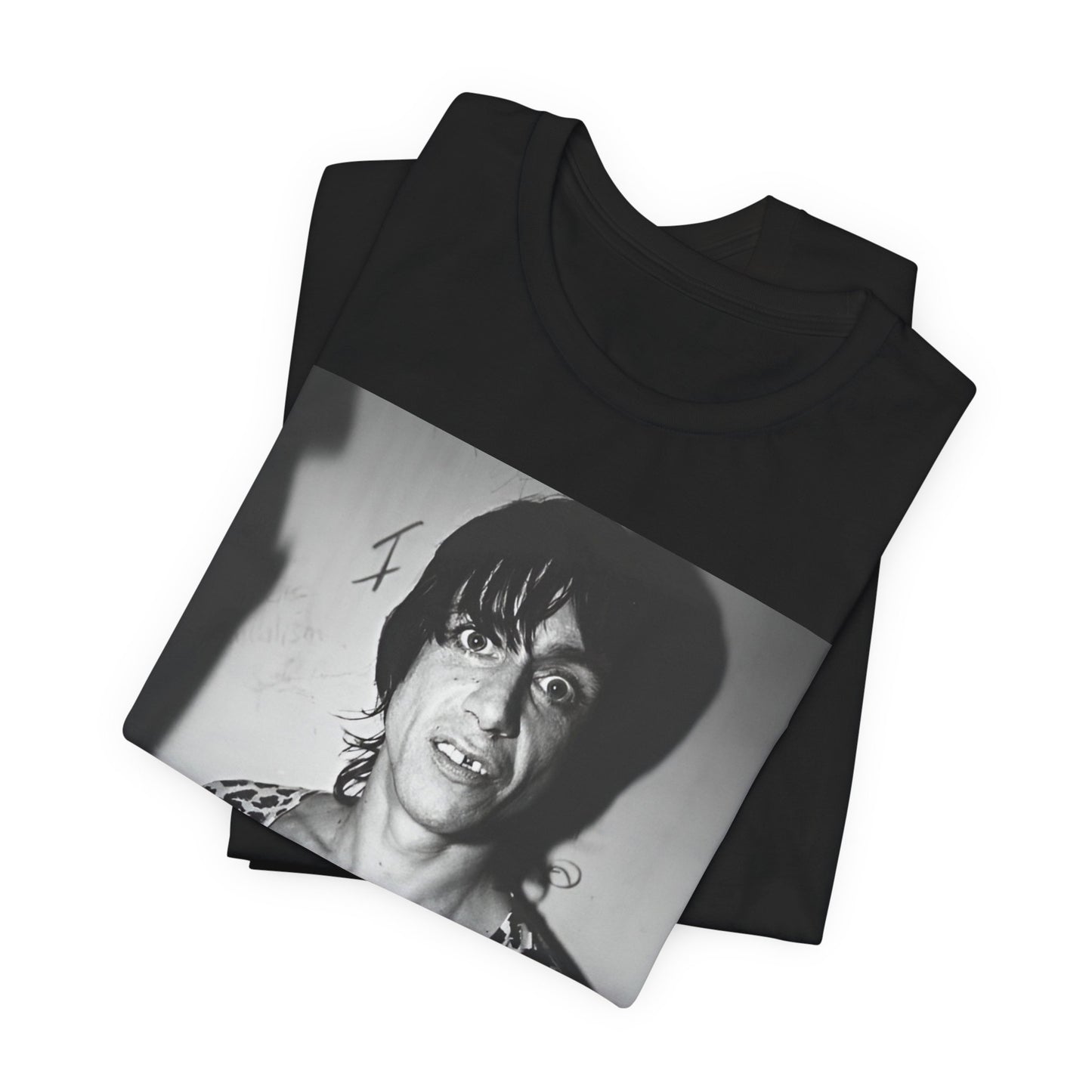 A black graphic t-shirt featuring a graphic of Iggy Pop and The Stooges in a punk style.