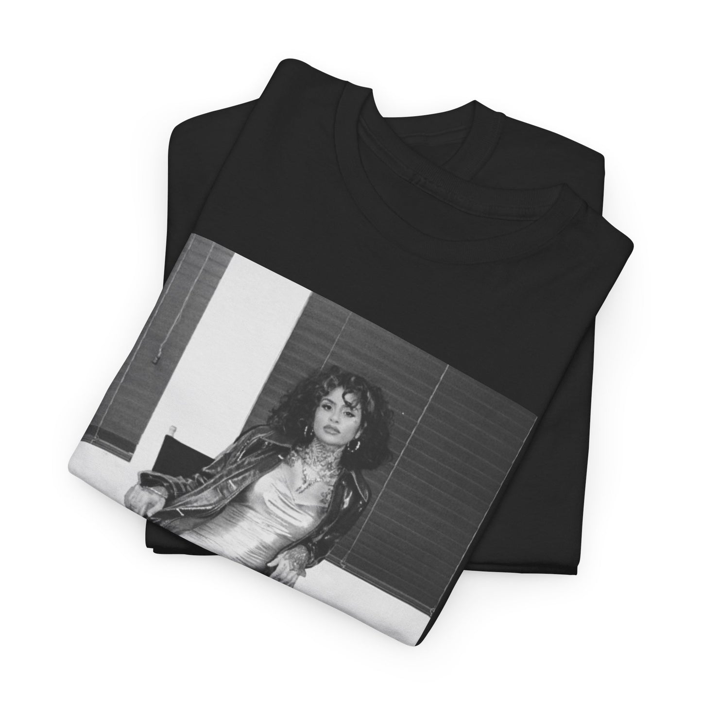 A black graphic t-shirt featuring a vintage black and white graphic or photo of Kehlani.