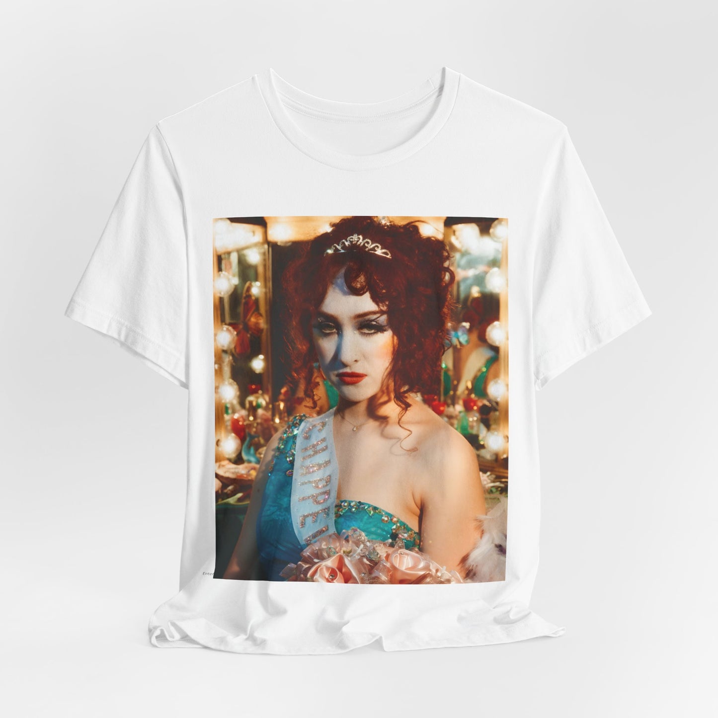 A black graphic t-shirt featuring a graphic of Chappell Roan in a bold stage costume.