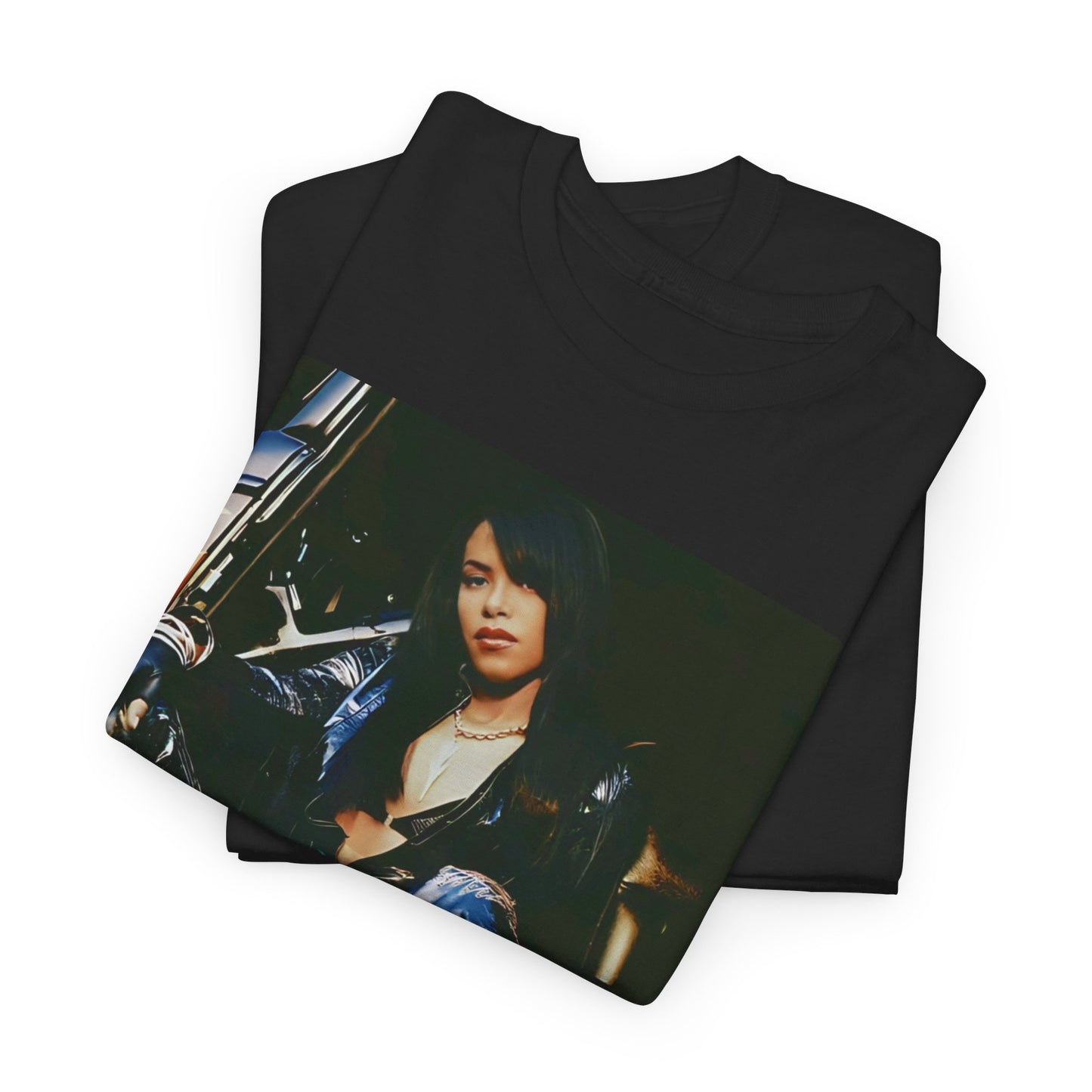 A black graphic t-shirt featuring a cool futuristic R&B graphic of Aaliyah.