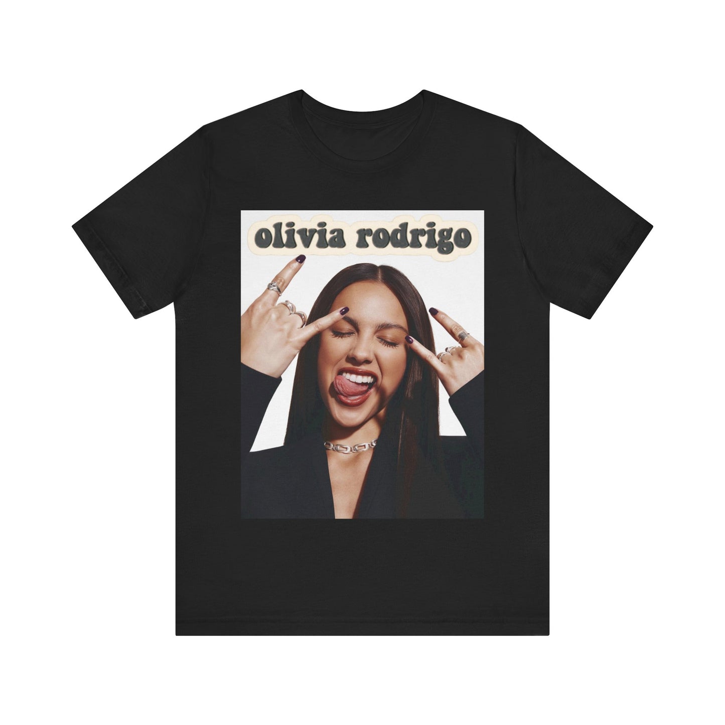 A black graphic t-shirt featuring a graphic related to Olivia Rodrigo's timeless pop anthems.