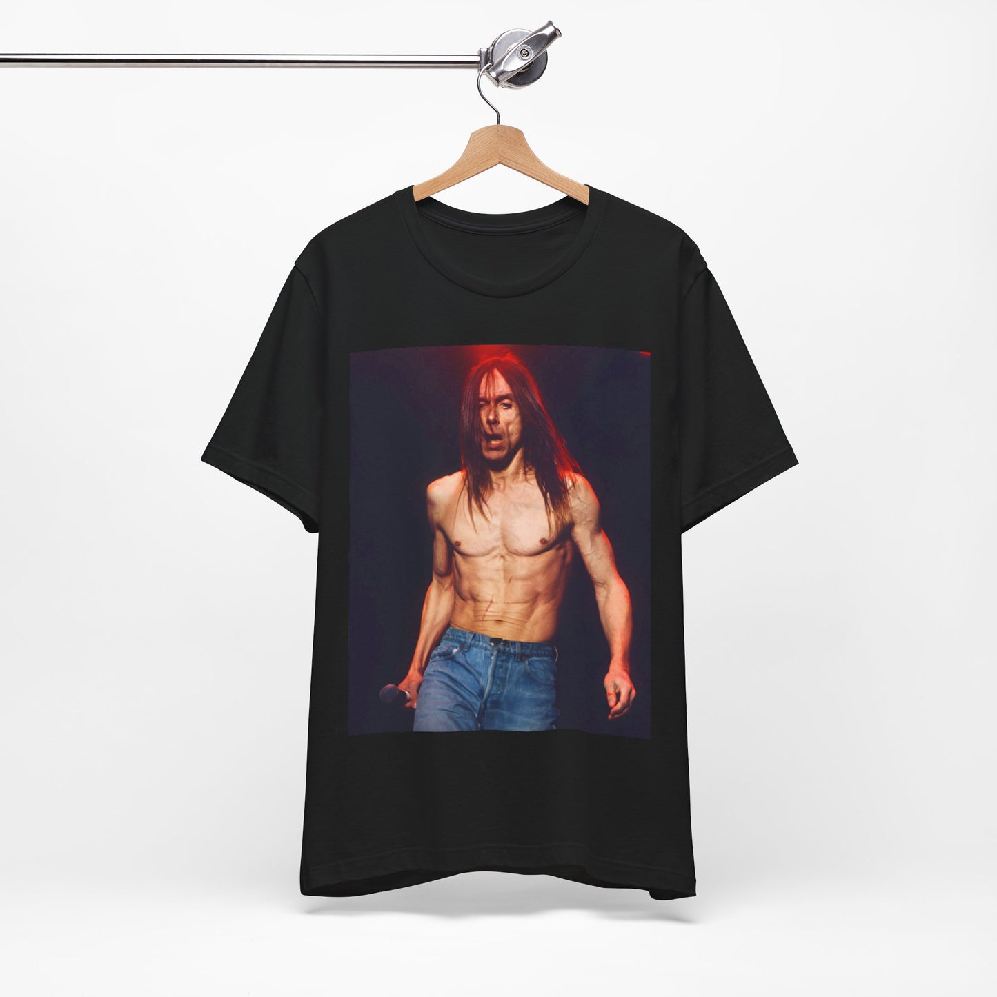A black graphic t-shirt featuring a graphic related to Iggy Pop's 'Raw Power' era.