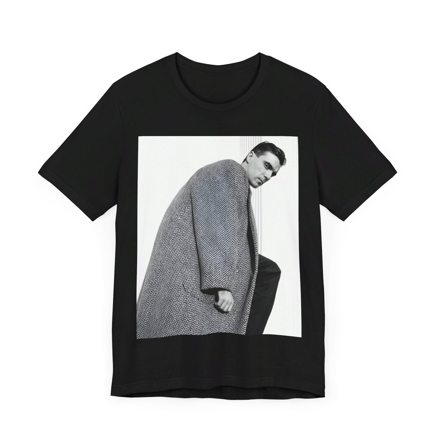 A black graphic t-shirt featuring a graphic of David Byrne from Talking Heads in his classic style.