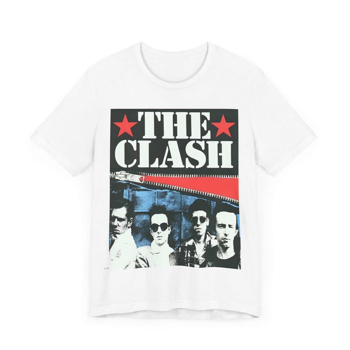 A black graphic t-shirt featuring a casual punk fan graphic of The Clash.