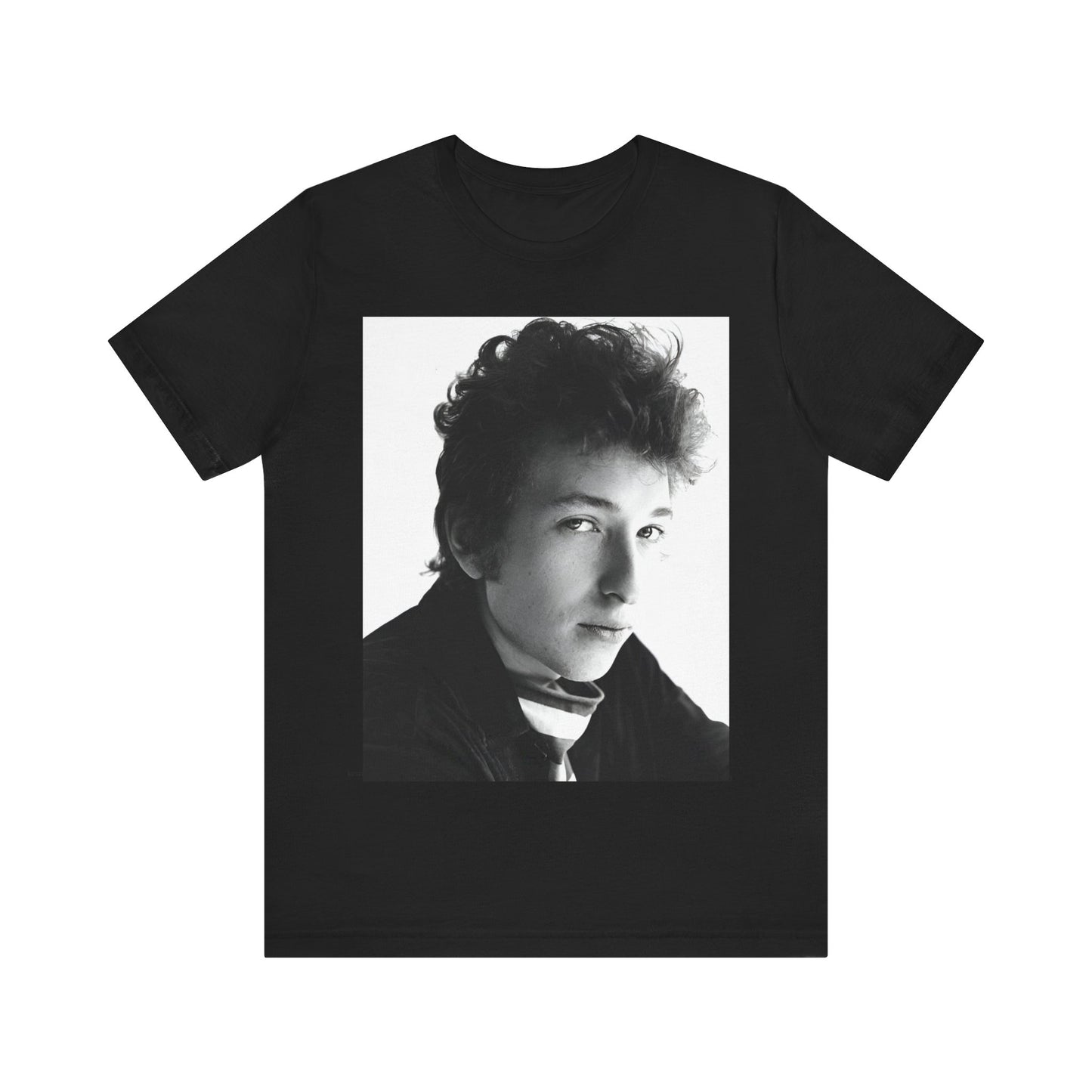 A black graphic t-shirt featuring a graphic related to Bob Dylan's 'Like a Rolling Stone' song or era.