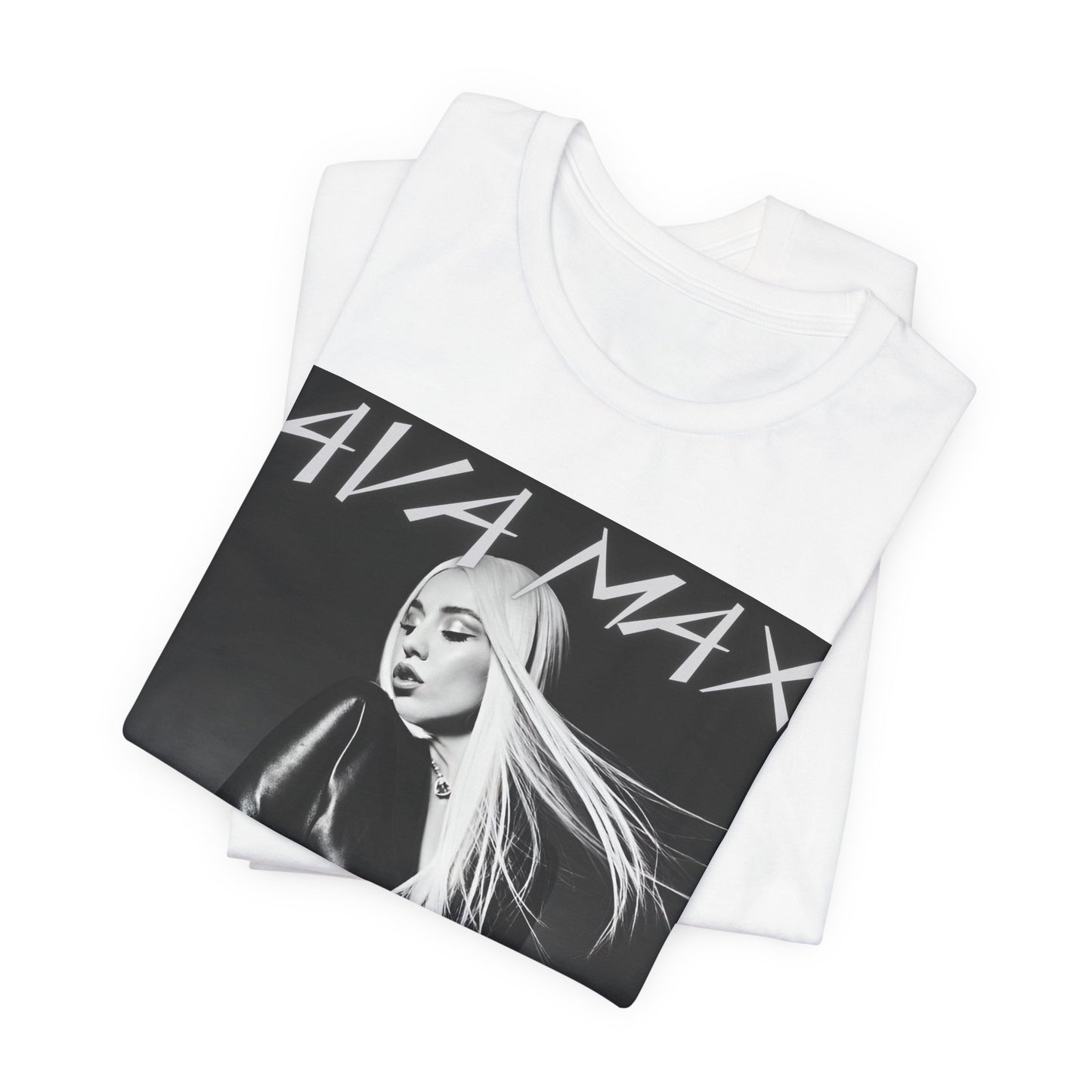 A black graphic t-shirt featuring a black and white portrait photo of Ava Max.