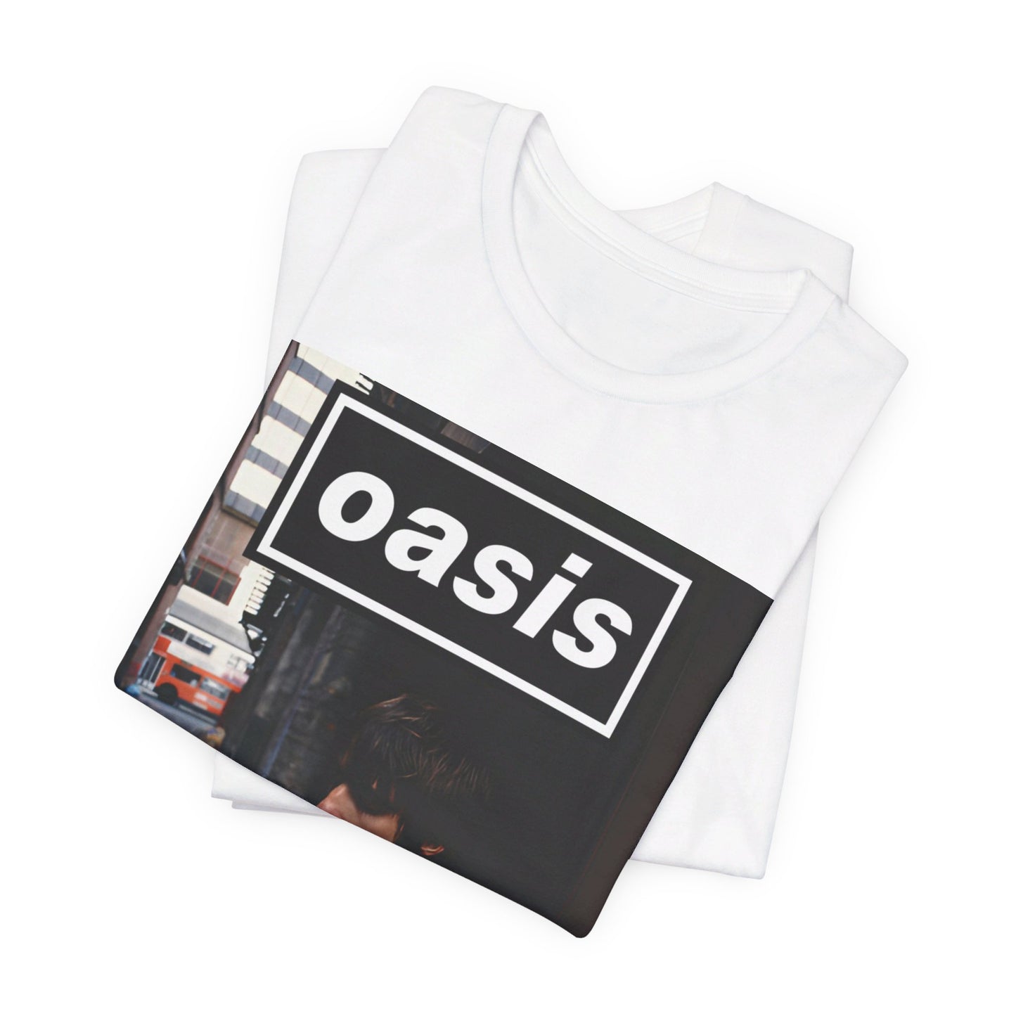 A black graphic t-shirt featuring a classic 90s rock and roll graphic of Oasis.