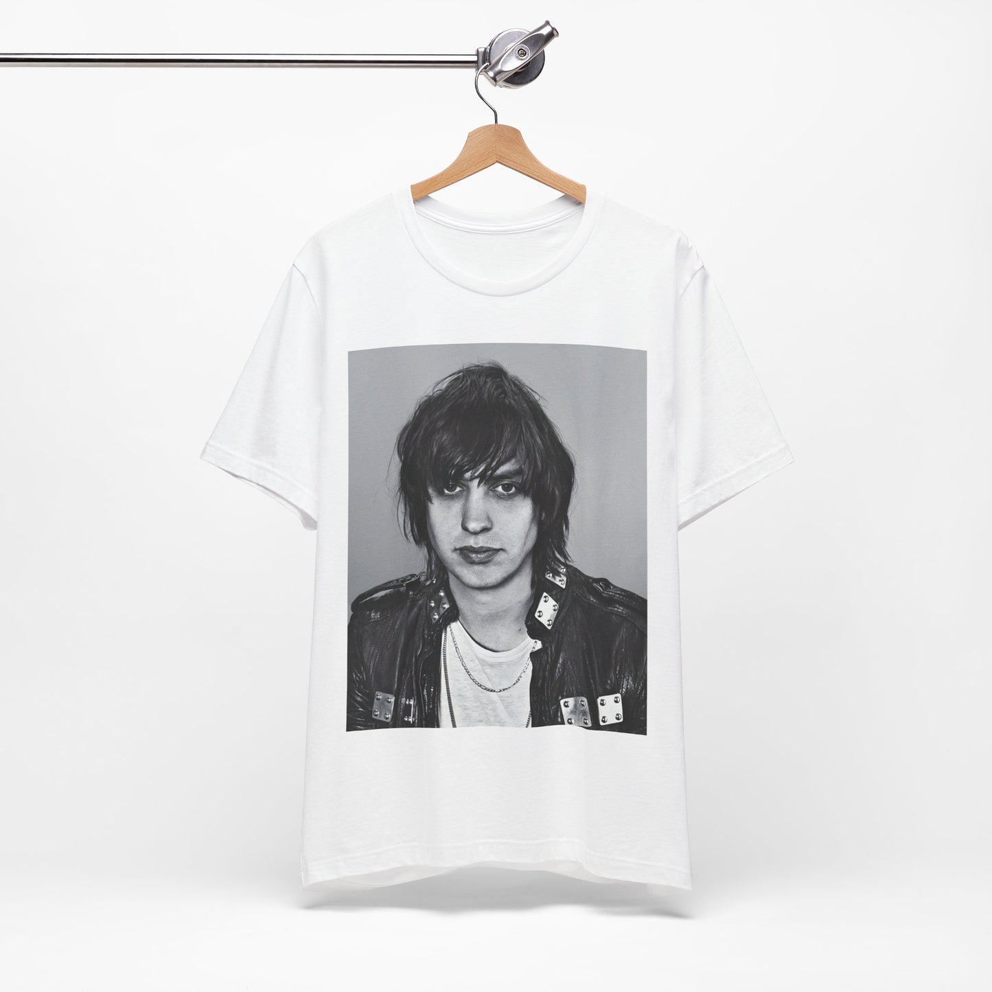 A black graphic t-shirt featuring a portrait photo of Julian Casablancas from The Strokes.