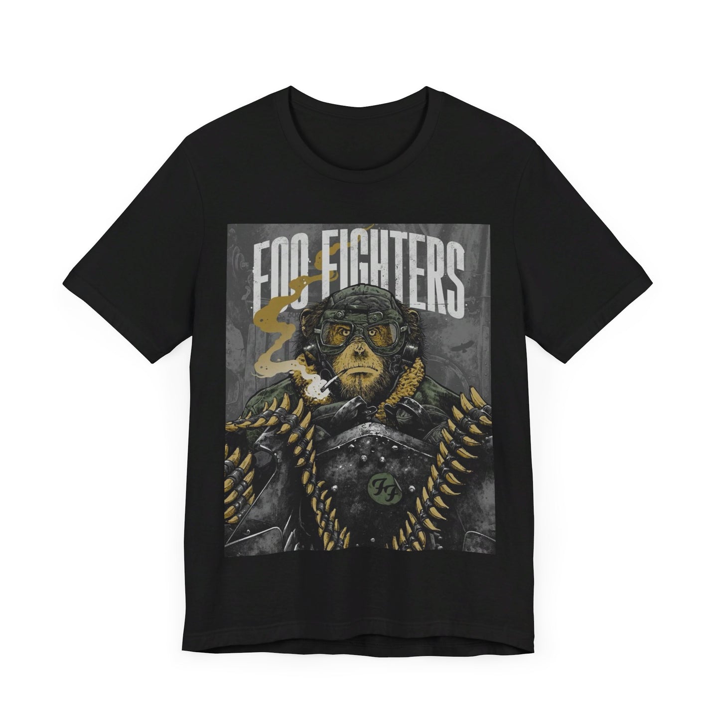 A black graphic t-shirt featuring an aesthetic graphic of a monkey related to Foo Fighters.